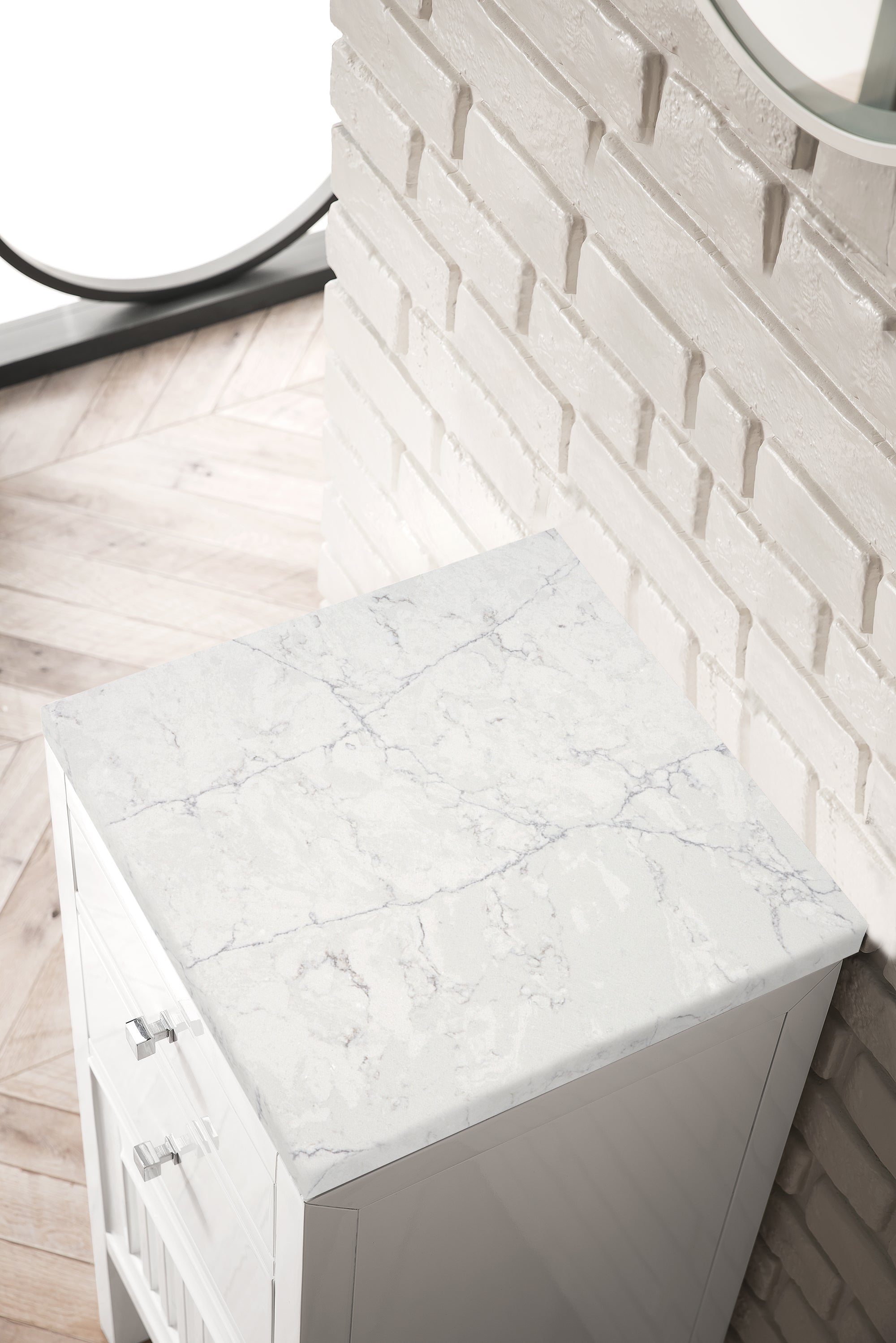 Athens 15-Inch White Glossy Cabinet with Drawers & Door - 3CM Eternal Jasmine Pearl Quartz Countertop for Kitchen, Bathroom & Office Storage