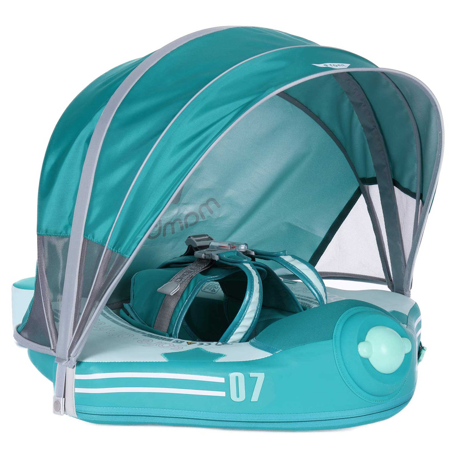 **Mambobaby Upgraded Baby Float with Canopy & Adjustable Safety Strap – Non-Inflatable Infant Swim Trainer Waist Ring for Pool, Beach & Water Play (Green Airplane Design)**