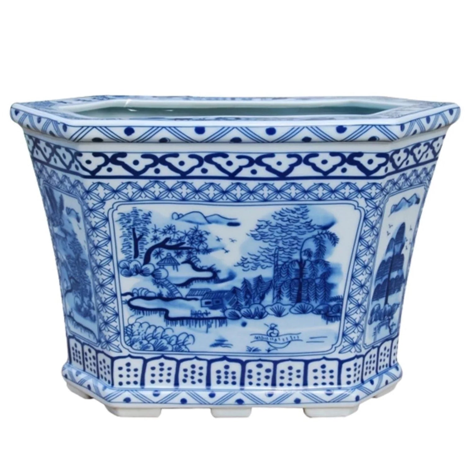 Blue and White Porcelain Hexagonal Planter - Handcrafted Ceramic Flower Pot for Indoor Plants, Home Decor, and Garden Use