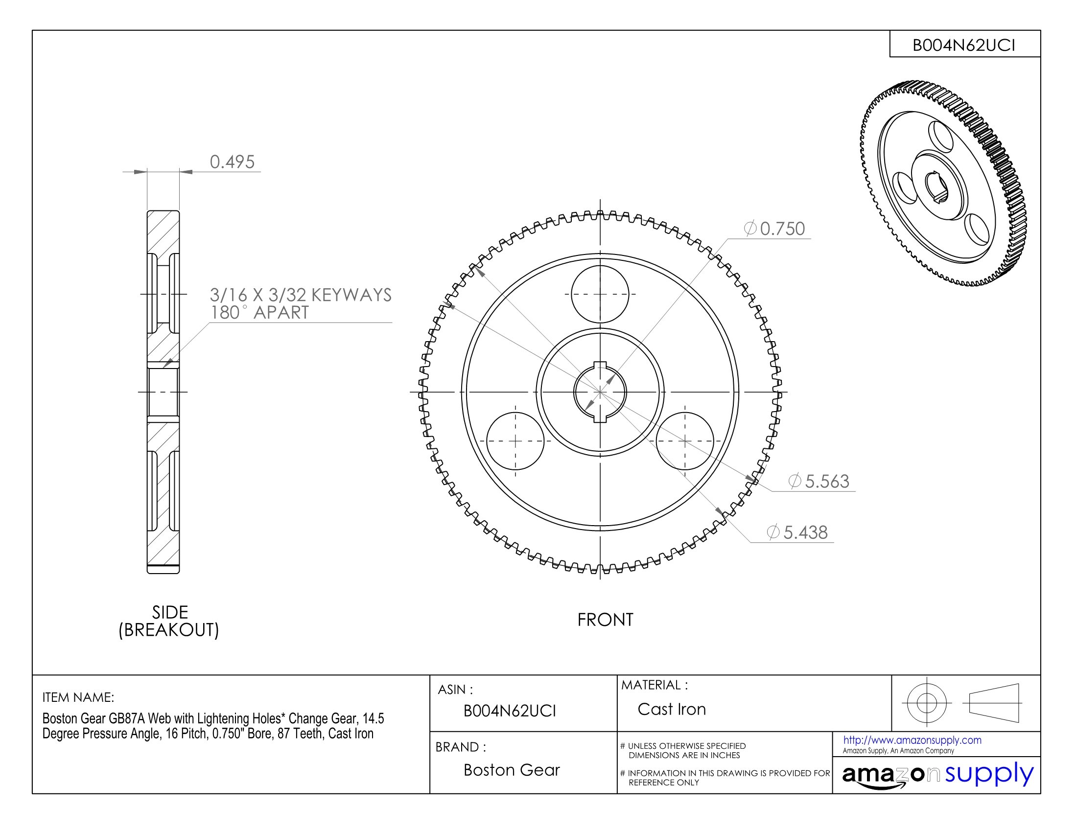 GB87A Lightweight Cast Iron Gear with Lightning Holes - 14.5° Pressure Angle, 16 Pitch, 0.750