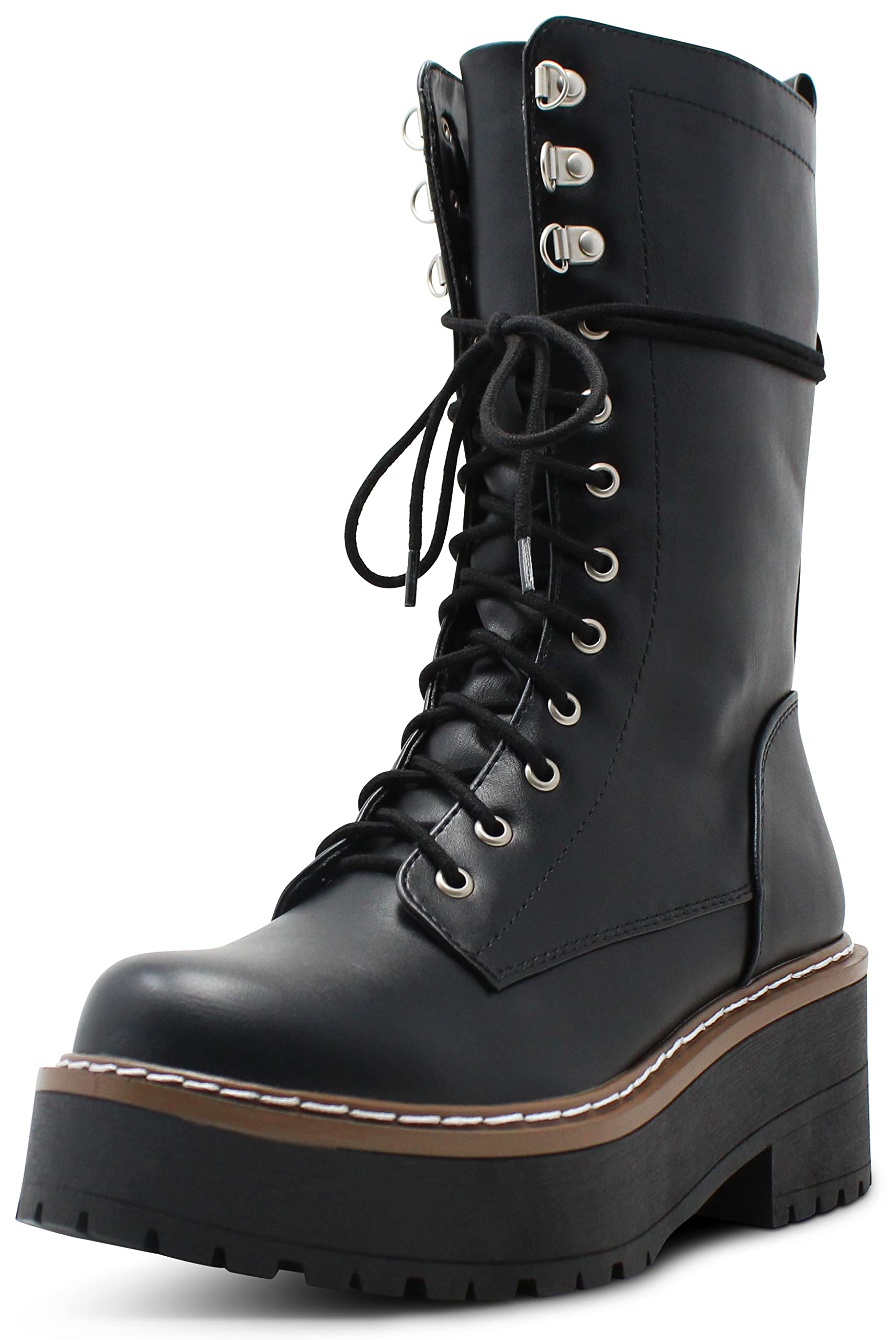 Women's Chunky Heel Combat Boots - Round Toe Mid-Calf Lace Up Boots for Women | Fashionable & Comfortable for Everyday Wear, Street Style & Fall Outfits