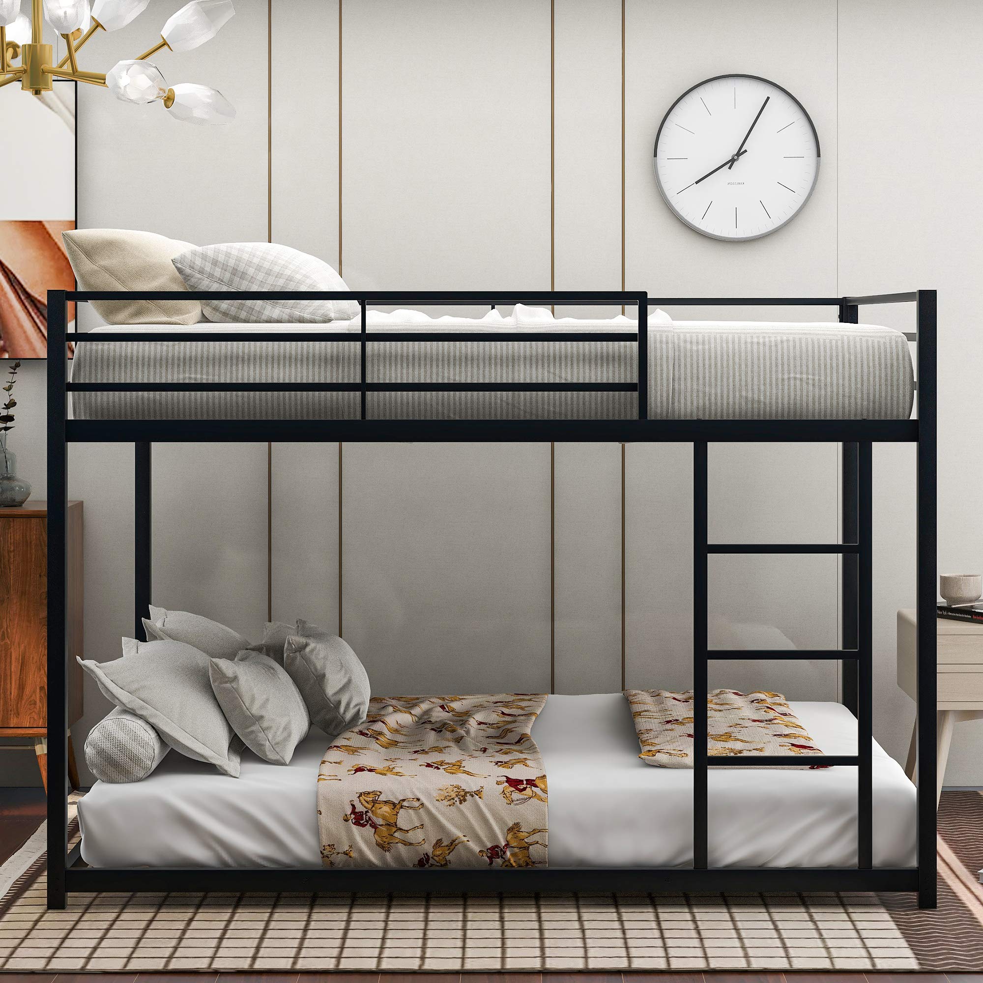 Knocbel Low Profile Full Over Full Bunk Bed with Ladder - Sturdy Metal Platform Bed Frame with Safety Guardrails & Slats Support (Black) - Perfect for Kids' Rooms, Dormitories & Space-Saving Bedroom Solutions