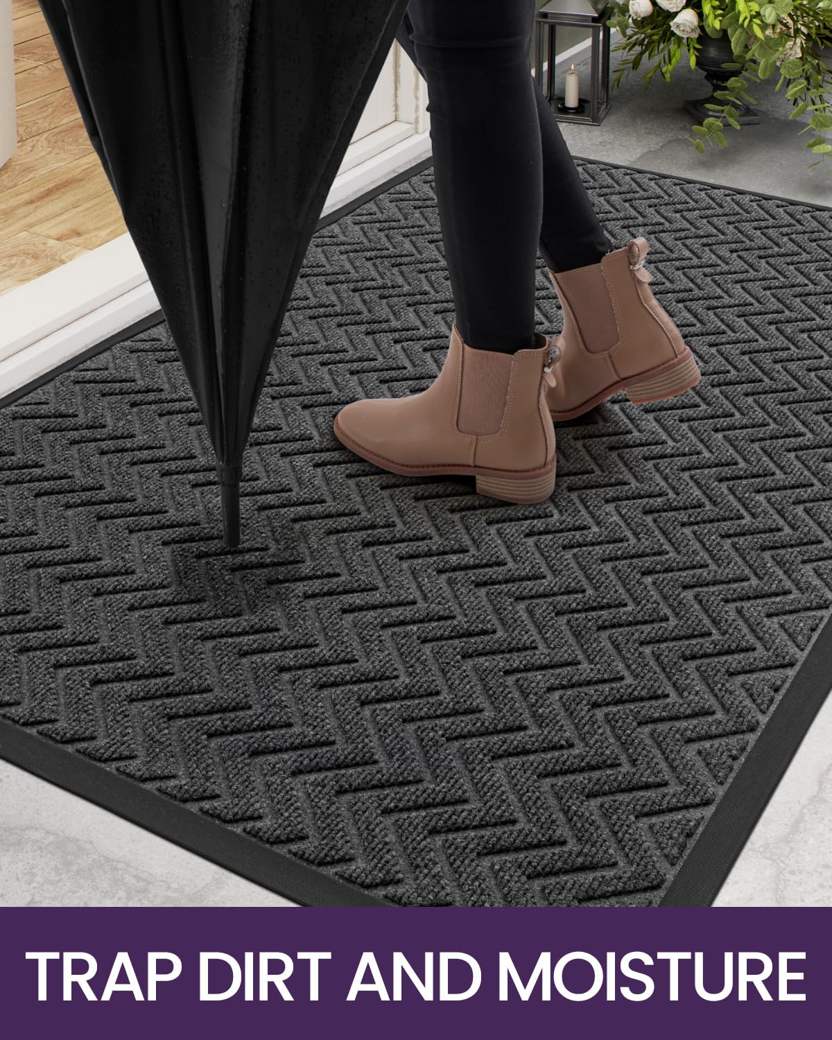 DEXI Heavy Duty Rubber Backed Doormat for Front Door - 17x29 Inch Non-Slip Entrance Mat, Stain & Fade Resistant, Easy Clean Low Profile Chevron Design in Dark Grey - Perfect for Home, Office, and Outdoor Entryway Protection