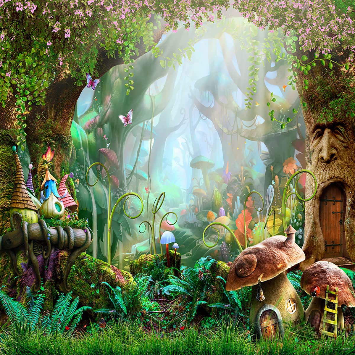 10x10ft Baby Shower Photography Backdrop - Elves Cartoon Fairy Tale Tree with Magic Mushrooms Background - Tree Hole Photo Booth for Birthday Party, Baby Shower, Magic Forest Theme - Perfect for Girl's Birthday Party & Fantasy Themed Events