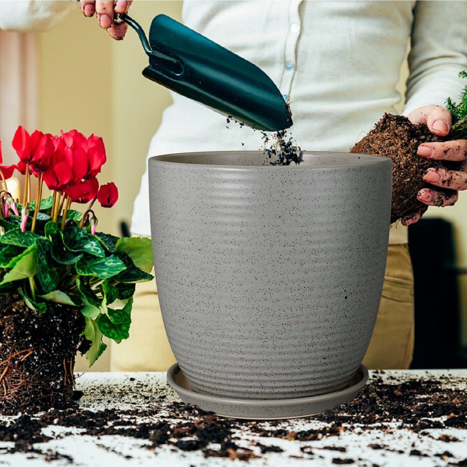 12 Inch Ceramic Plant Pot with Drainage Hole & Saucer - Large Round Indoor Flower Planter for Houseplants, Succulents, Herbs - Light Gray Home & Garden Decor for Living Room, Balcony, Office