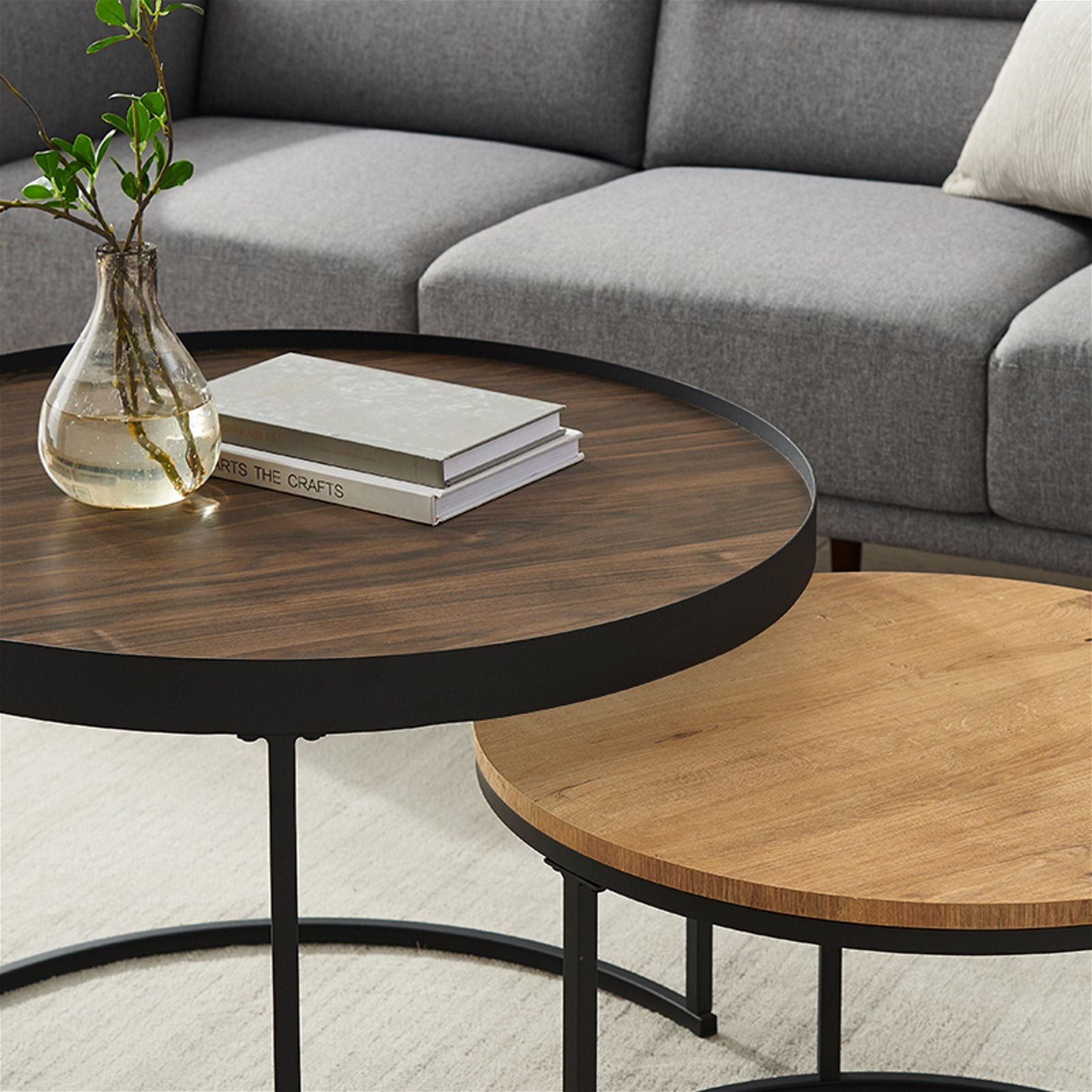 Modern Nested Coffee Table Set - Dark Walnut & English Oak Finish - Space Saving Living Room Furniture for Small Apartments & Cozy Homes