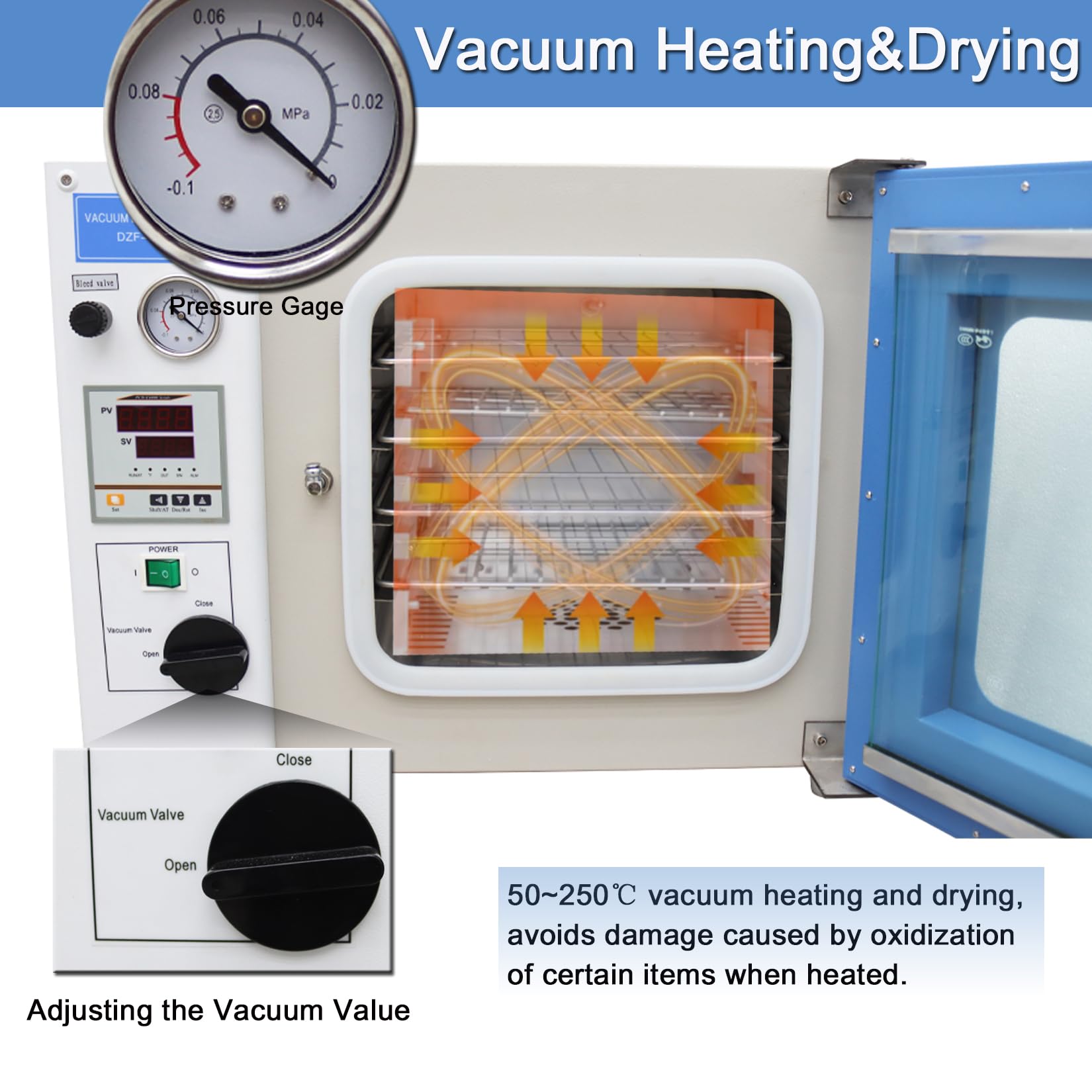 1.9 Cu Ft Digital Vacuum Drying Oven for Lab Use - 110V, 122-482°F Temperature Control | Heat Treat & Vacuum Drying Equipment for Laboratories, Research & Industrial Applications