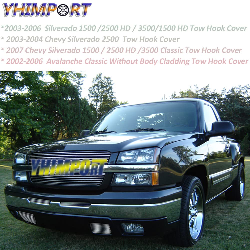 Polished Chrome Front Grill & Billet Insert Combo for 2003-2006 Chevy Silverado 1500/2500 - Top Bumper & Tow Hook Upgrade (4pc) - Perfect for Off-Road & Truck Customization
