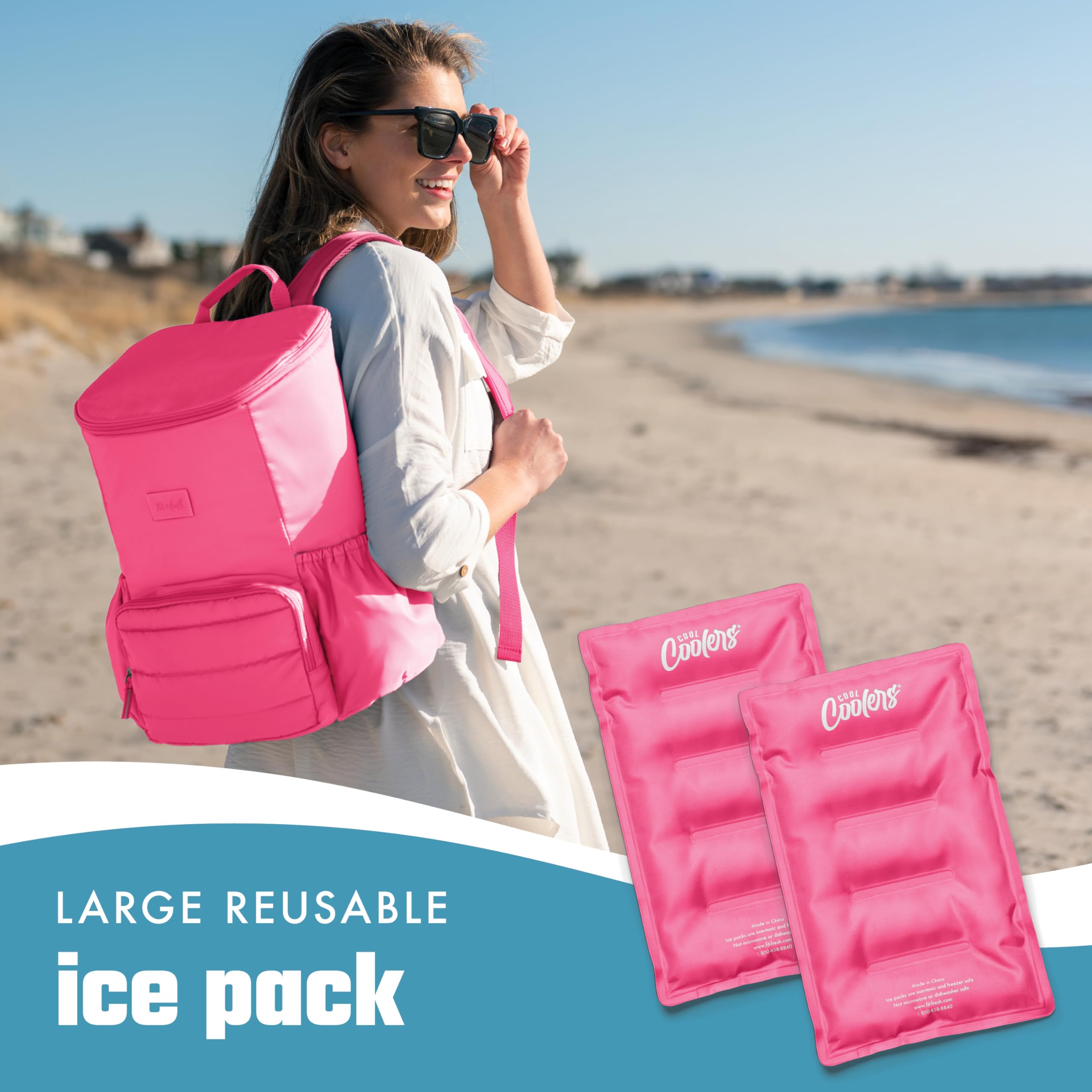 Fit & Fresh 2-Pack Soft Flexible Ice Packs for Coolers & Lunch Boxes - Reusable Freezer Packs with Stretch Nylon Cover (Hot Pink) - Perfect for Picnics, School Lunches & Outdoor Adventures