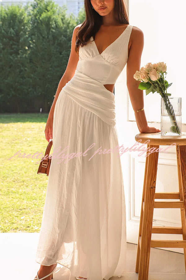 Elegant Solid Color V-Neck Waist Hollow Slim Maxi Dress for Women - Perfect for Summer Beach, Party & Evening Occasions