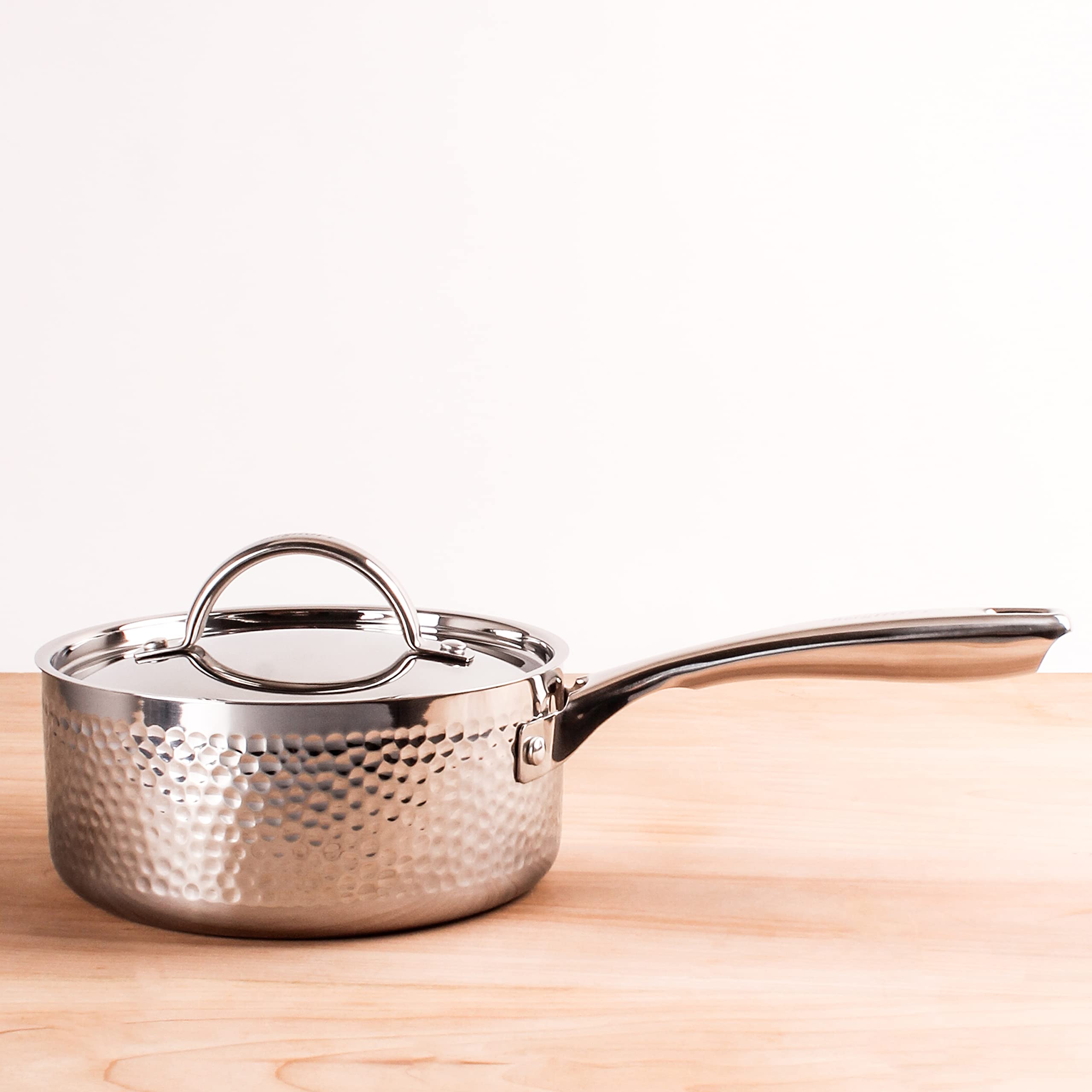 BergHOFF Vintage Tri-Ply 18/10 Stainless Steel Saucepan 3 Quart with Lid - 8 Inch Induction Compatible Cookware, Hammered Finish & Ergonomic Handle - Perfect for Soups, Sauces, and Slow Cooking
