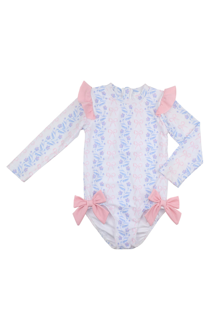 Cecil & Lou Girls Floral Print Bow Lycra Rashguard UPF 50+ Swim Shirt for Sun Protection - Perfect for Beach, Pool & Water Sports