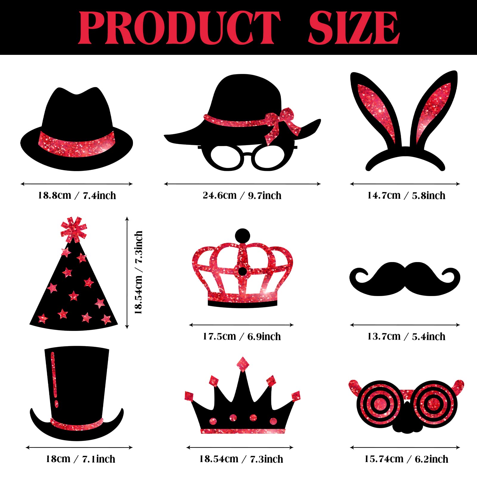 Zonon 24-Piece Funny Photo Booth Props Kit - Hats, Lipstick, Ties & Crowns for Birthday, Wedding, Graduation, Prom, Disco & Mardi Gras Parties (Red & Black) - Perfect for Social Media Photos & Event Entertainment