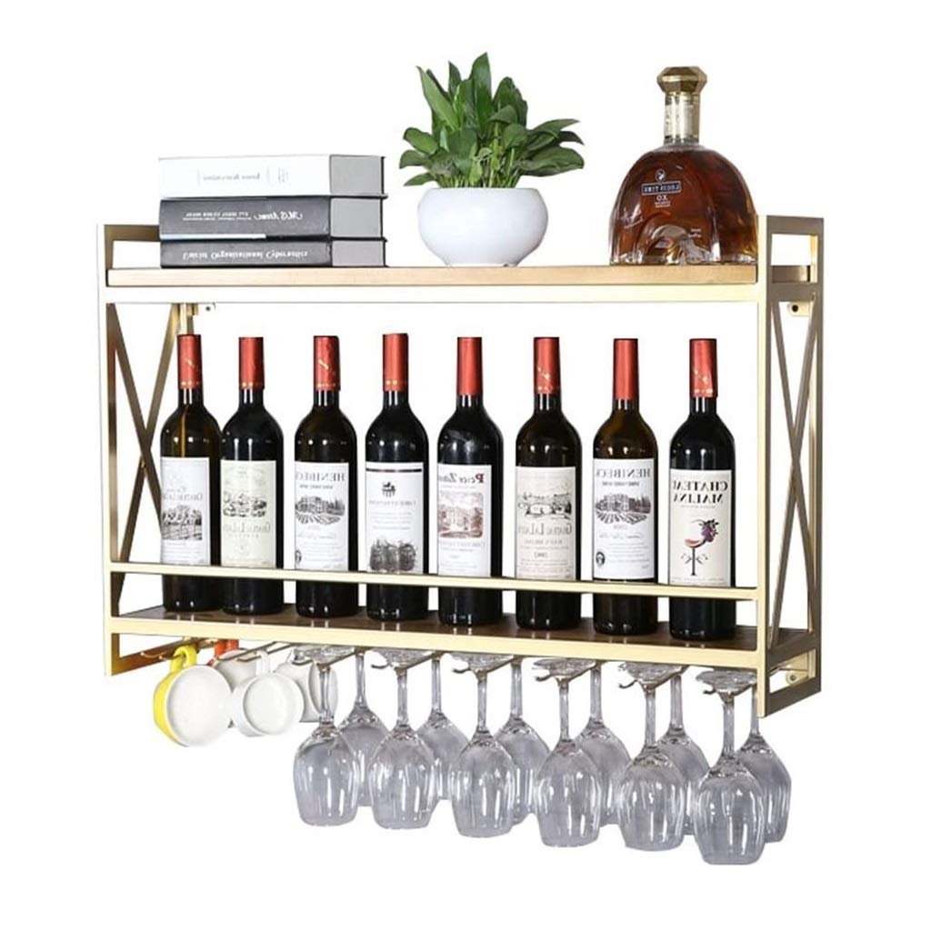 GELISURE Wall Mounted Wine Bottle Holder - 18 Bottle & 16 Glass Storage Rack - Metal & Wood Wine Shelf for Champagne, Goblets, Stemware - 80 x 20 cm - Gold - Perfect for Kitchen, Bar, Dining Room, Wine Cellar Organization