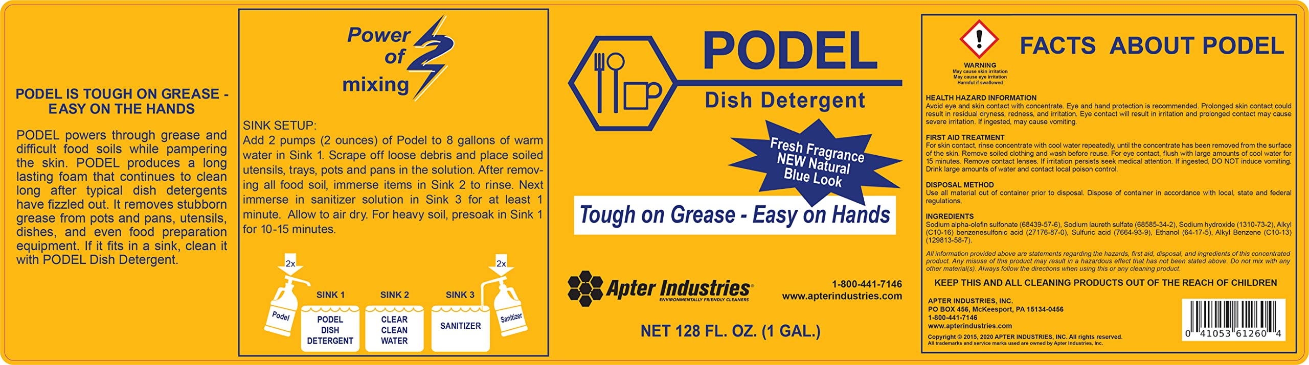 Apter Industries Podel Ultra Concentrated Dish Detergent - 1 Gallon Eco-Friendly Dish Soap | Powerful Cleaning with Less Product | Perfect for Restaurants, Home Kitchens & Commercial Use