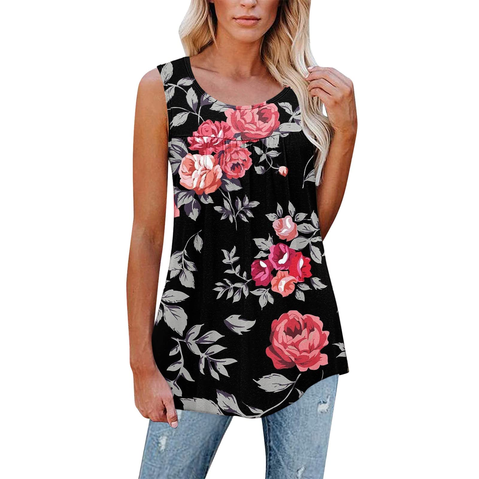 Messigaot Women's Scoop Neck Tunic Tank Top - Flowy Pleated Fit & Flare Shirt with Floral Print | Sleeveless Summer Blouse for Casual Wear, Beach Outfits & Vacation Style