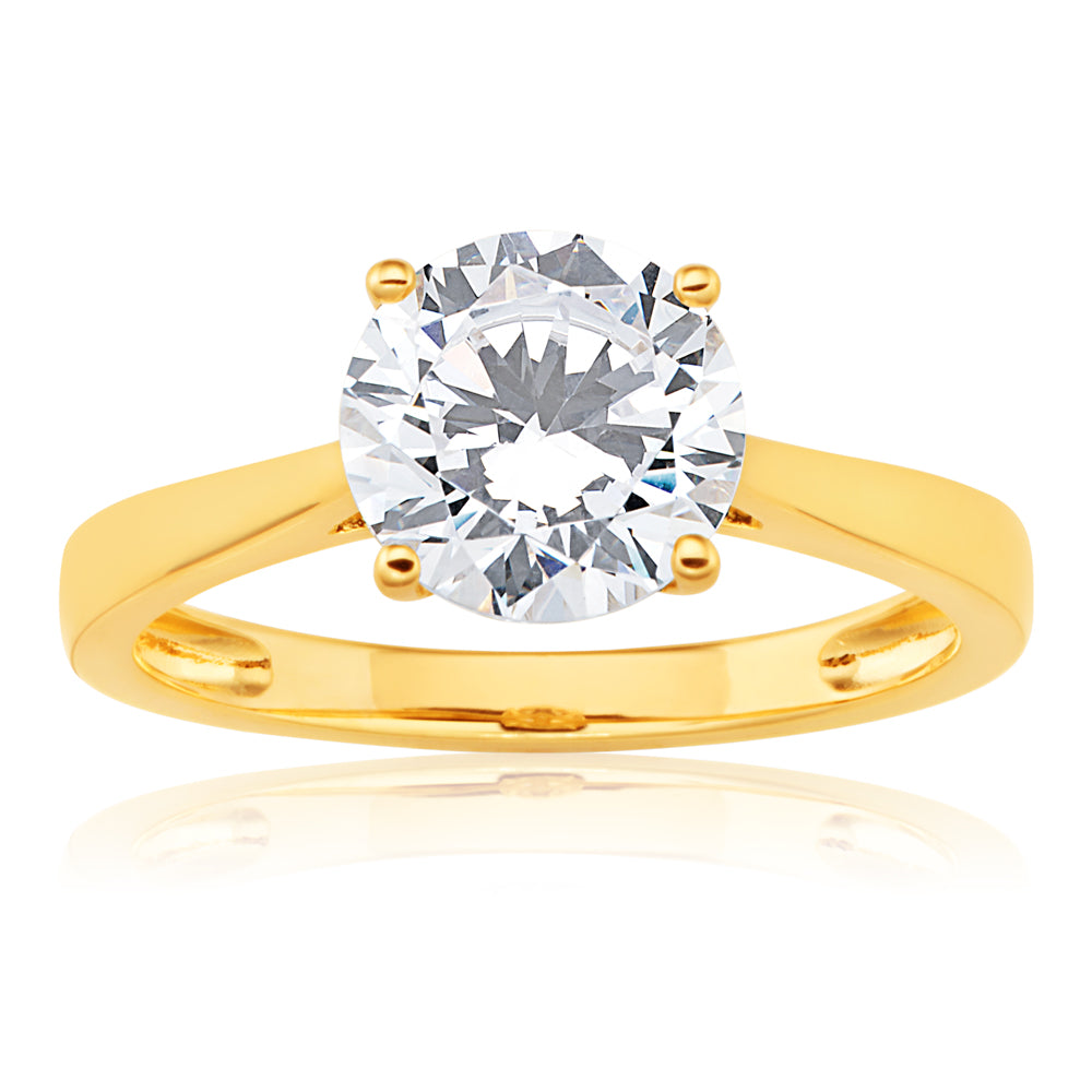 9ct Yellow Gold 8mm Cubic Zirconia Solitaire Ring for Women - Elegant Wedding, Engagement & Anniversary Jewelry Gift