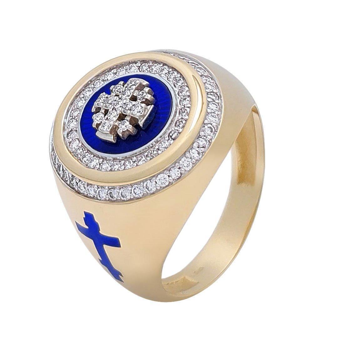 14K Gold Men's Jerusalem Cross Signet Ring with Diamonds & Blue Enamel - Luxury Religious Jewelry for Gifts, Weddings & Special Occasions