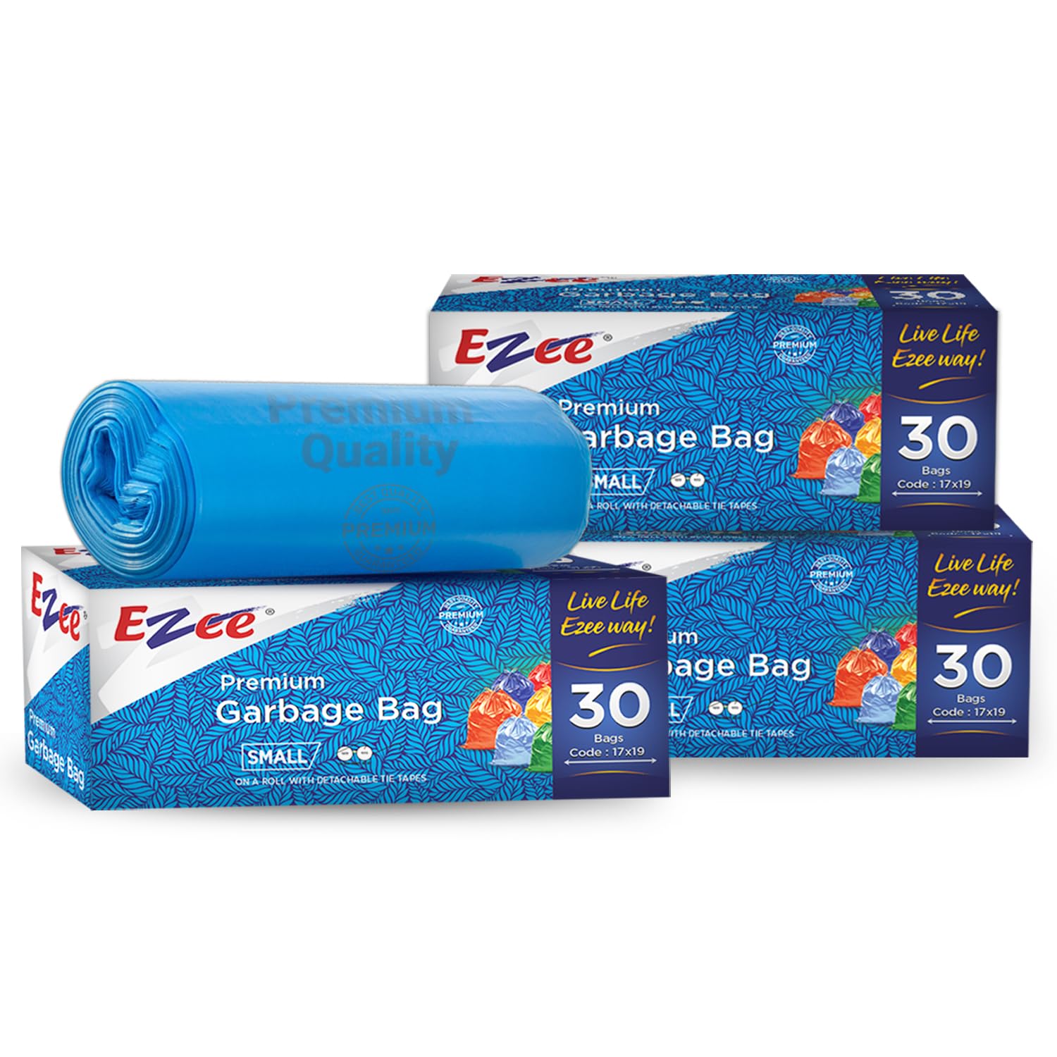 Ezee Plastic Blue Small Garbage Bags 90 Count (30 Bags x 3 Rolls) | 17x19 Inch Trash Bags for Wet & Dry Waste | Heavy Duty Dustbin Covers for Kitchen, Bathroom & Office Use