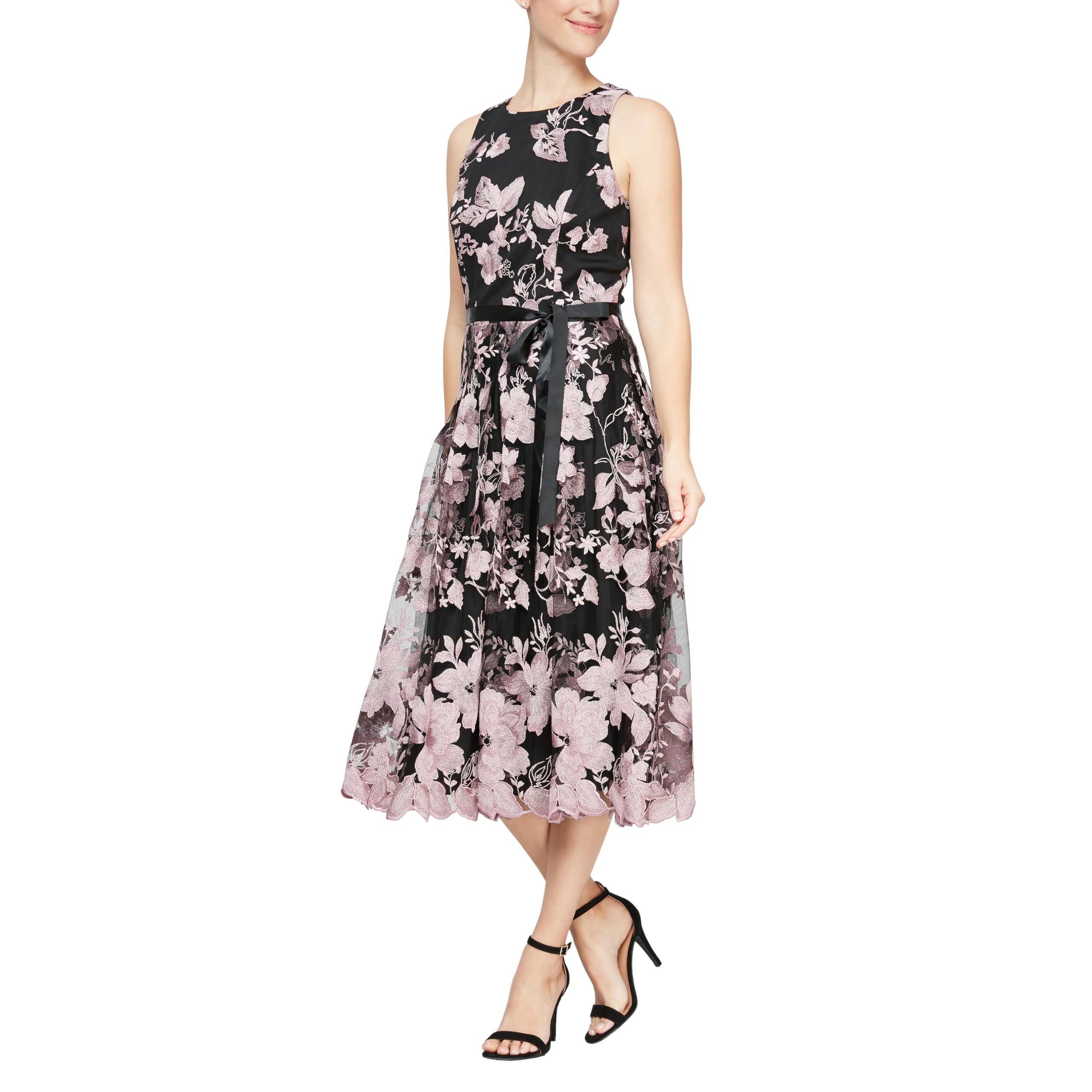 Alex Evenings Women's Sleeveless Midi Dress with Elegant Embroidery, Full Skirt & Adjustable Tie Belt - Petite & Regular Sizes - Perfect for Cocktail Parties, Weddings & Formal Events
