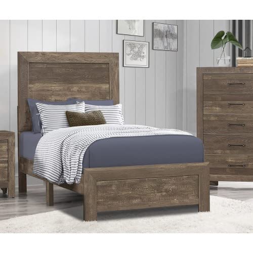 Solid Wood Twin Platform Bed with High Headboard - Rustic Brown Finish Wooden Bed Frame - Panel Headboard & Footboard - Wood Slat Support - Perfect for Small Bedrooms, Guest Rooms & Dorm Rooms