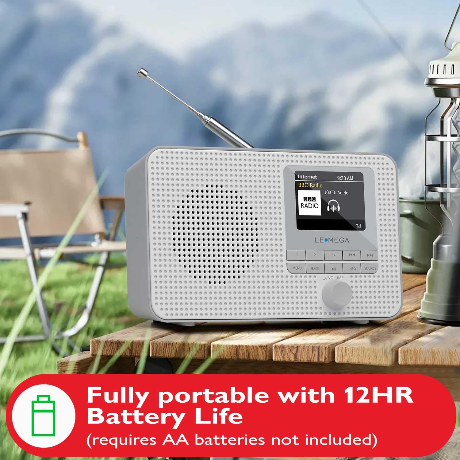 LEMEGA IR1 Portable WiFi Internet Radio with FM Digital Tuner, Bluetooth Speaker, Dual Alarm Clock, Sleep Timer, 40 Presets, Headphone Jack, Color Display - Battery or AC Powered (Grey) - Perfect for Bedroom, Kitchen, Office & Travel