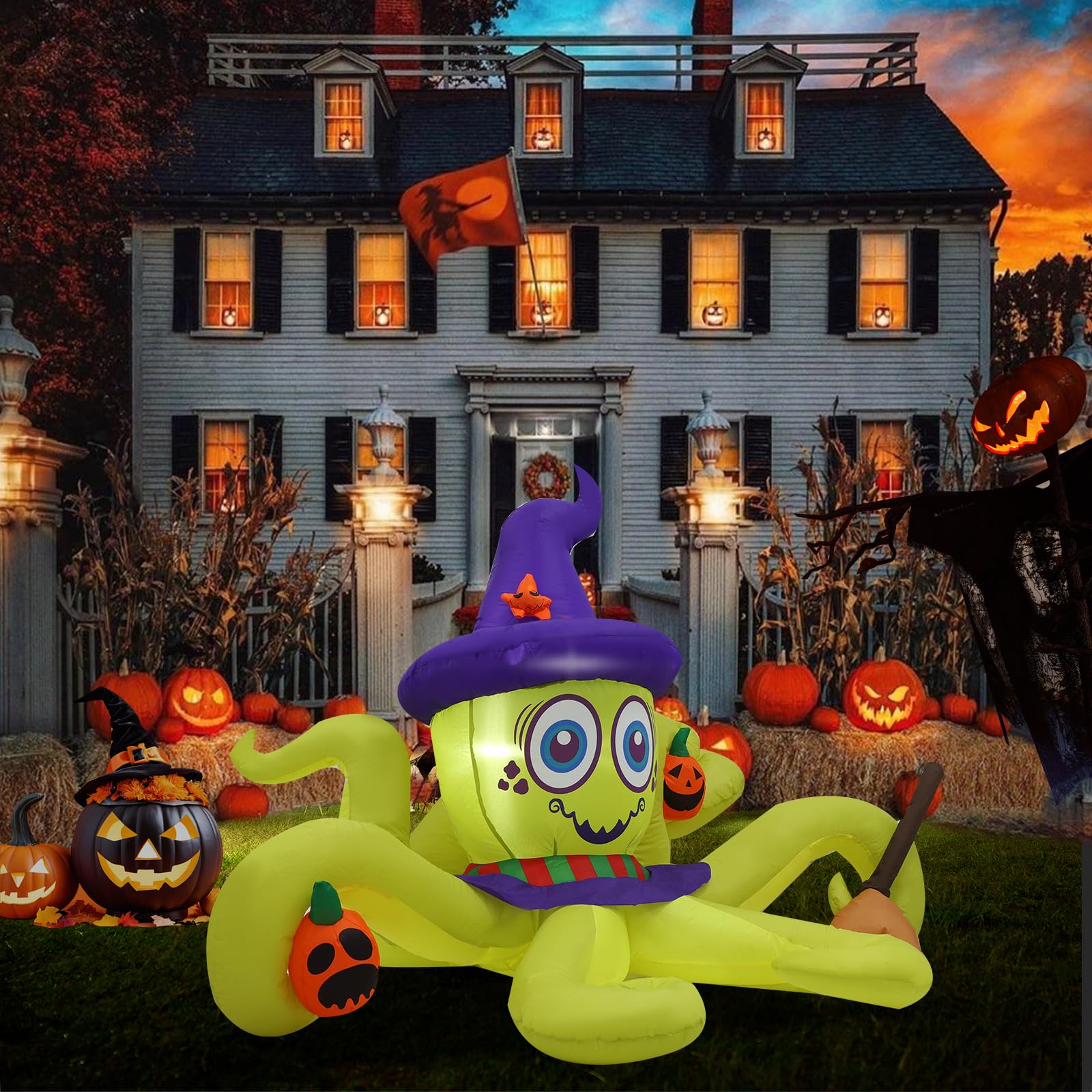 6ft Green Witch Octopus Halloween Inflatable Outdoor Decoration with LED Lights - Spooky Yard, Lawn & Garden Decor for Halloween Party, Haunted House, Trick or Treat, Family Vacation & Holiday Celebrations