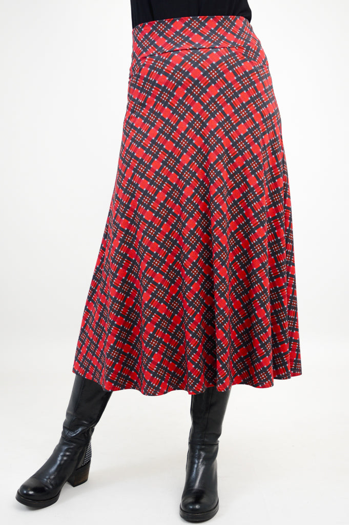 Gillian Skirt - Stylish Cherry Plaid Bamboo Midi Skirt for Women | Perfect for Casual Outings, Office Wear & Summer Fashion