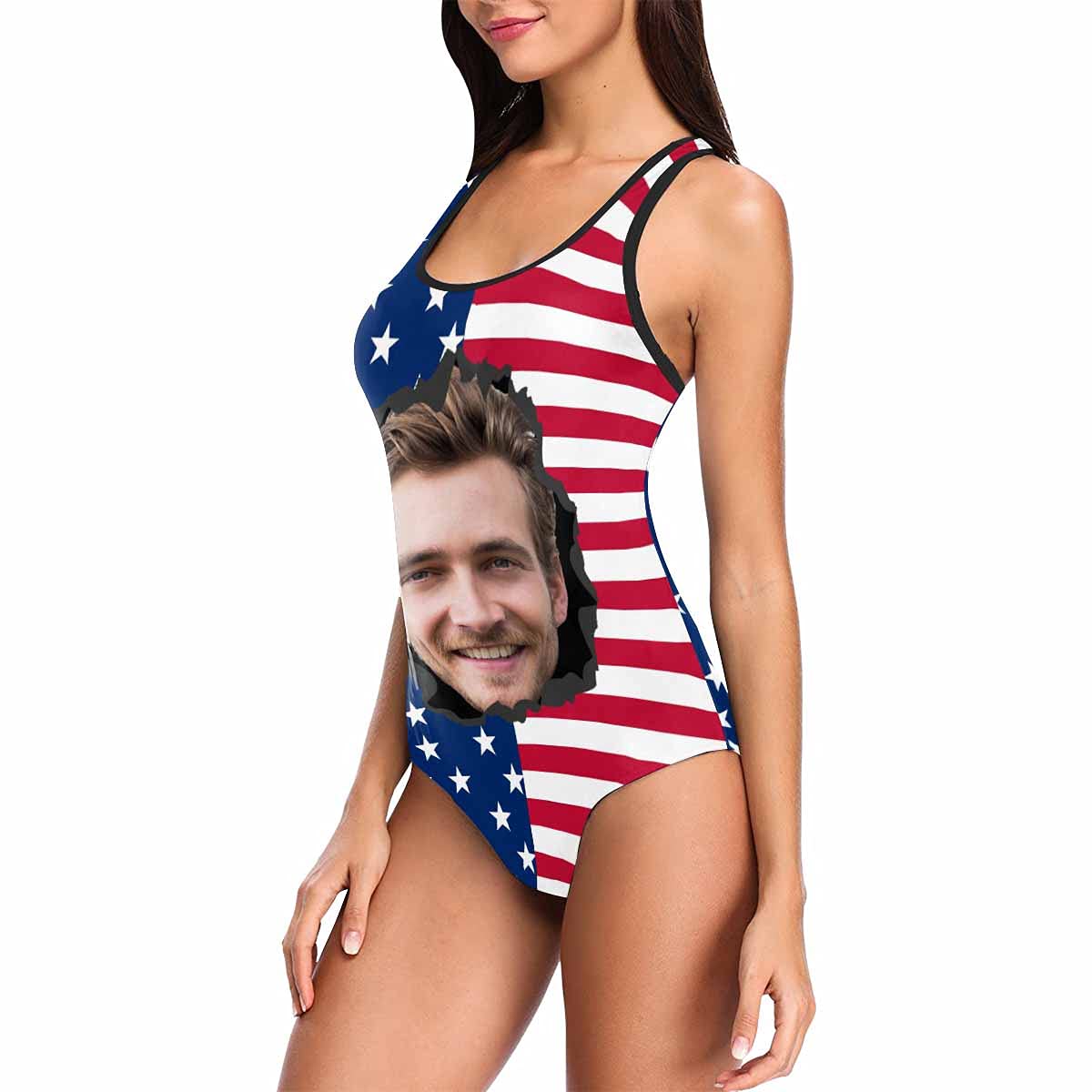 Custom USA Flag Women's One Piece Swimsuit - Funny Face Design for Beach & Pool
