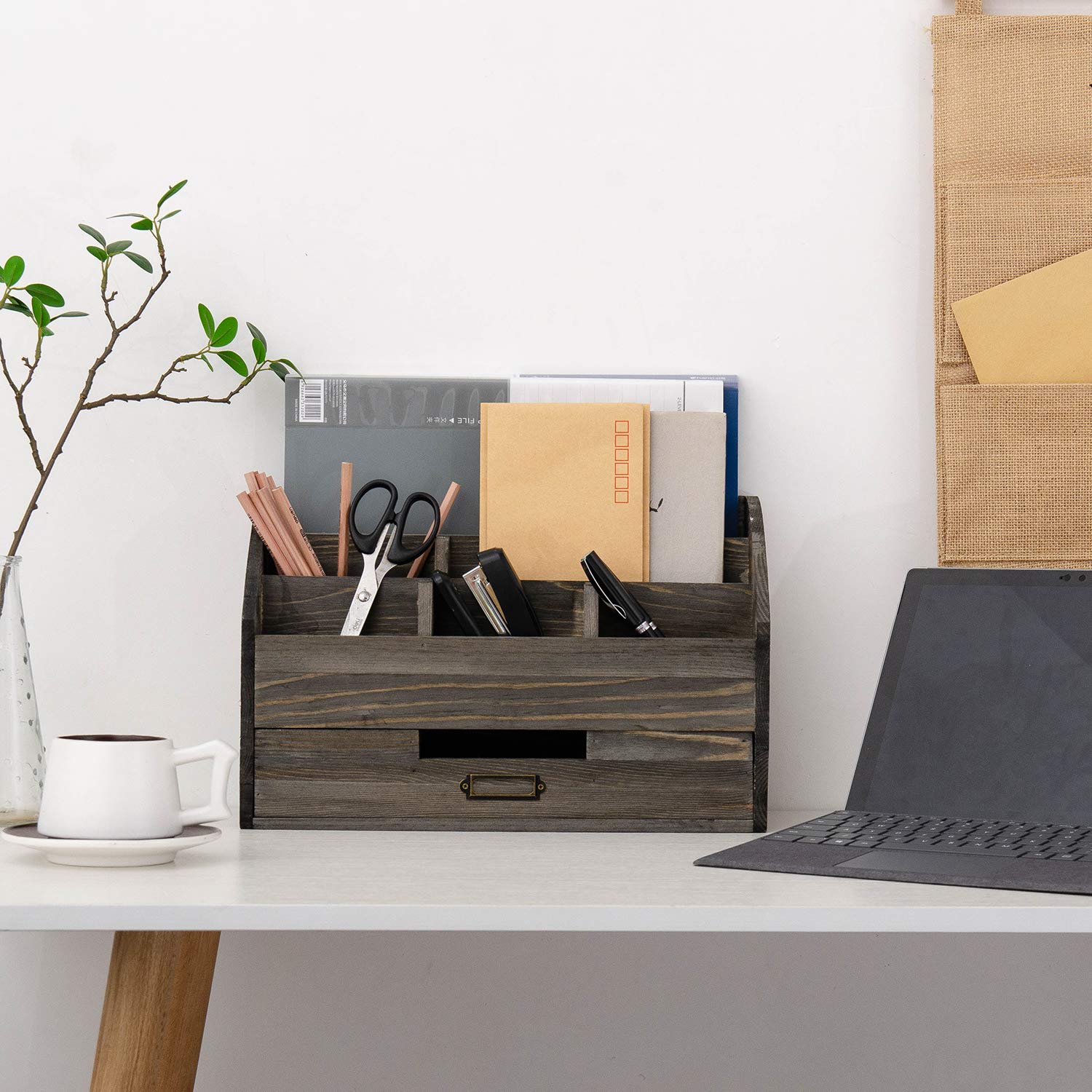 Distressed Rustic Wooden Office Desk Organizer - 5 Compartments with 2 Drawers, Counter Desk Tabletop Desktop Mail Rack for Pens, Notebooks, Folders, Pencils & Office Supplies (Rock Grey) - Perfect for Home Office, Workspace Organization & Small Business Storage