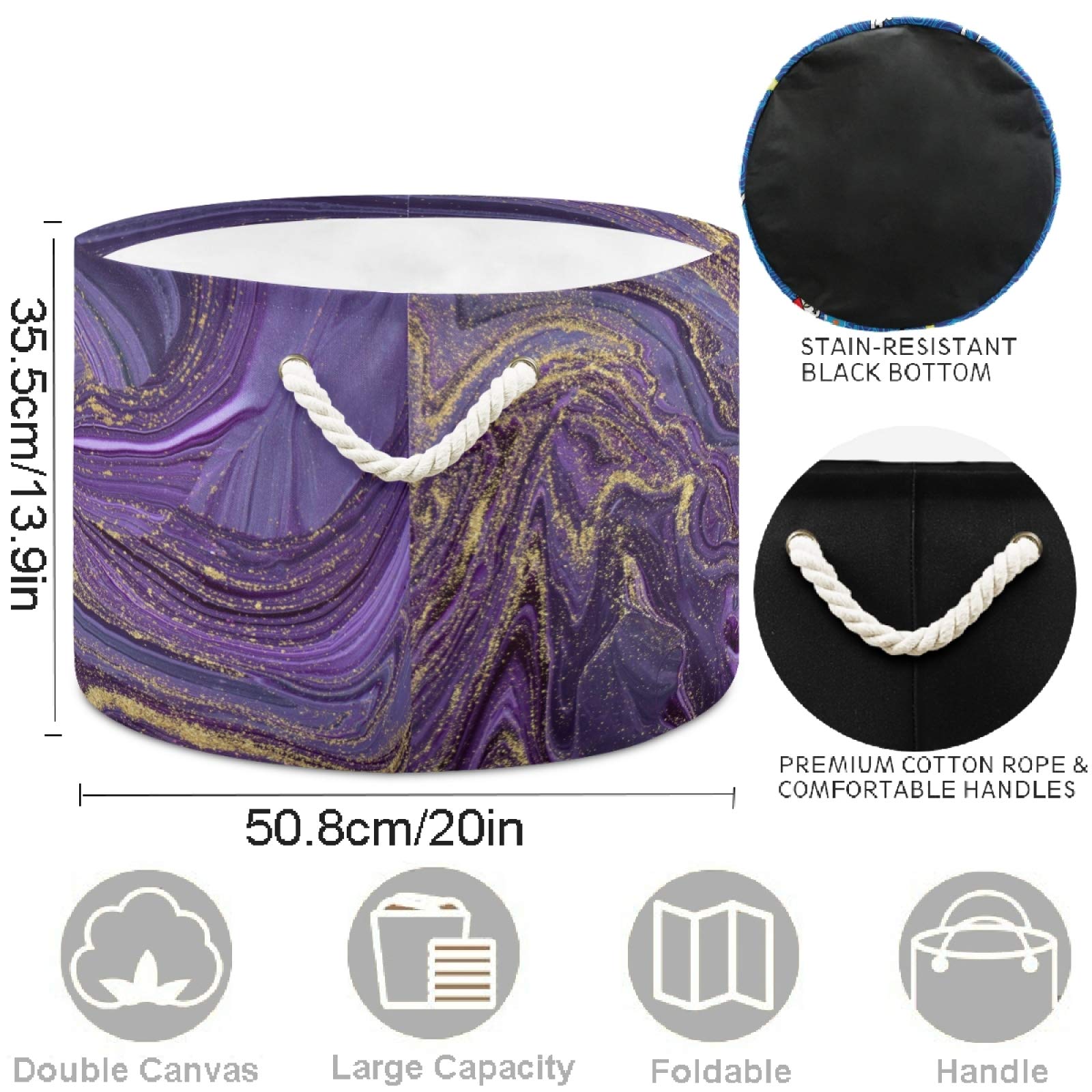 Visesunny Purple Marble Laundry Basket with Golden Veins - Collapsible Fabric Storage Bin for Clothes, Toys & Organizing | Perfect for Bathroom, Bedroom, Nursery, Closet & Office | Space-Saving Home Decor Solution