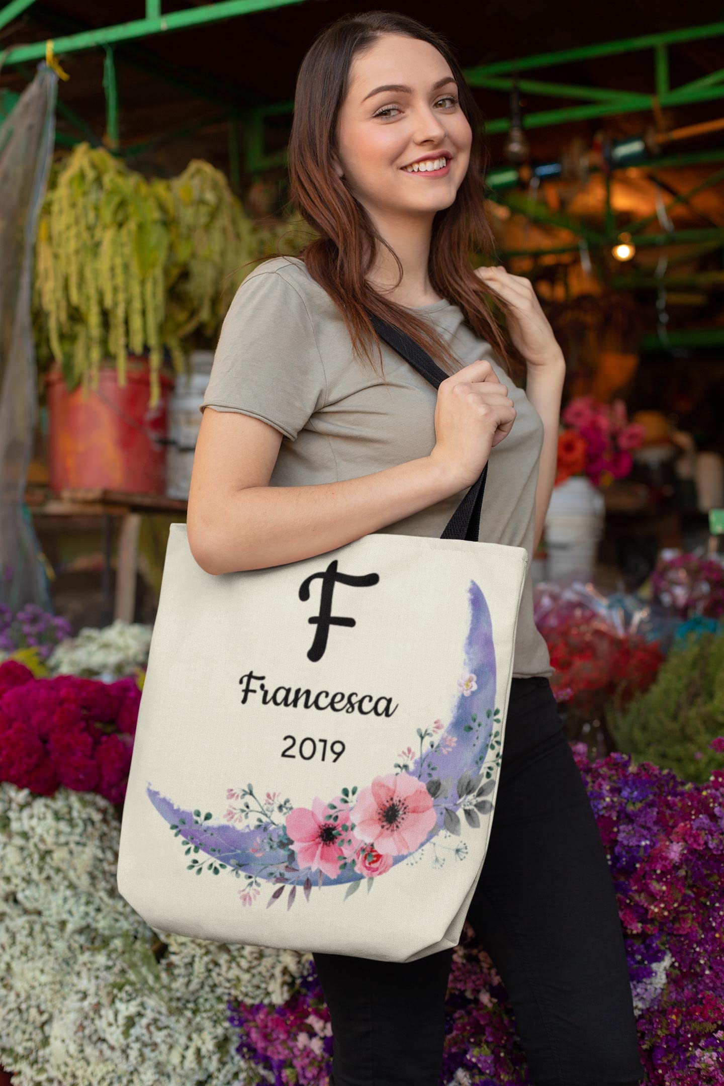 Custom Floral Letter & Name Personalized Tote Bags - Reusable Grocery Shopping Bags for Women - Eco-Friendly Cotton Canvas Handbag for Daily Use, Beach, Work & Gift Giving