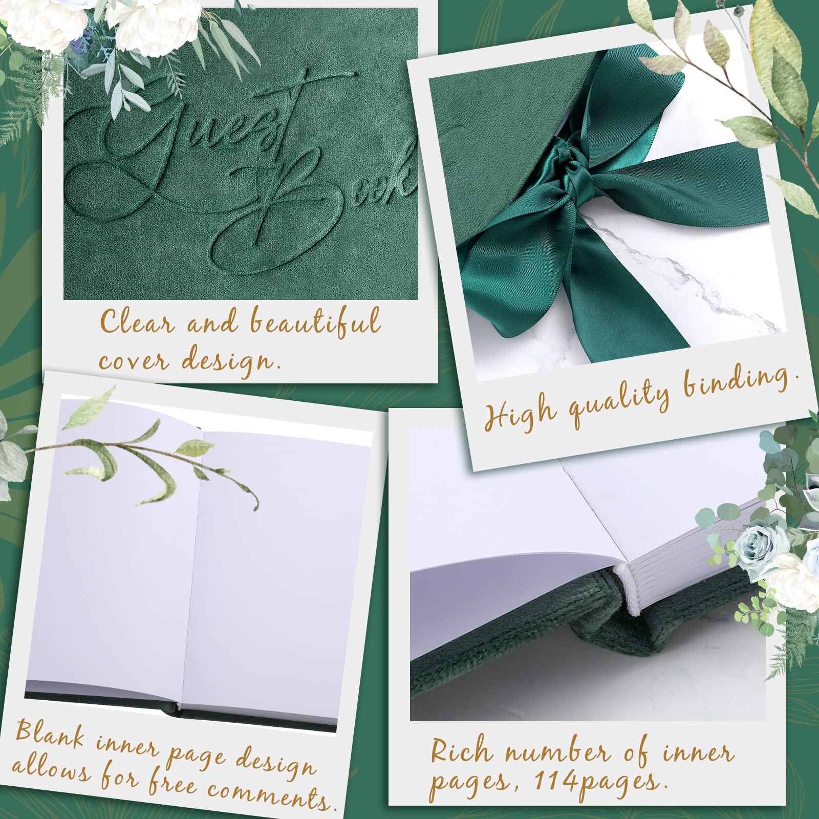 Elegant Green Velvet Wedding Guest Book with Pen - 144 Page Sign-in Book for Bridal Showers, Receptions & Anniversary Parties - Perfect for Wedding Memories & Special Event Guest Signatures