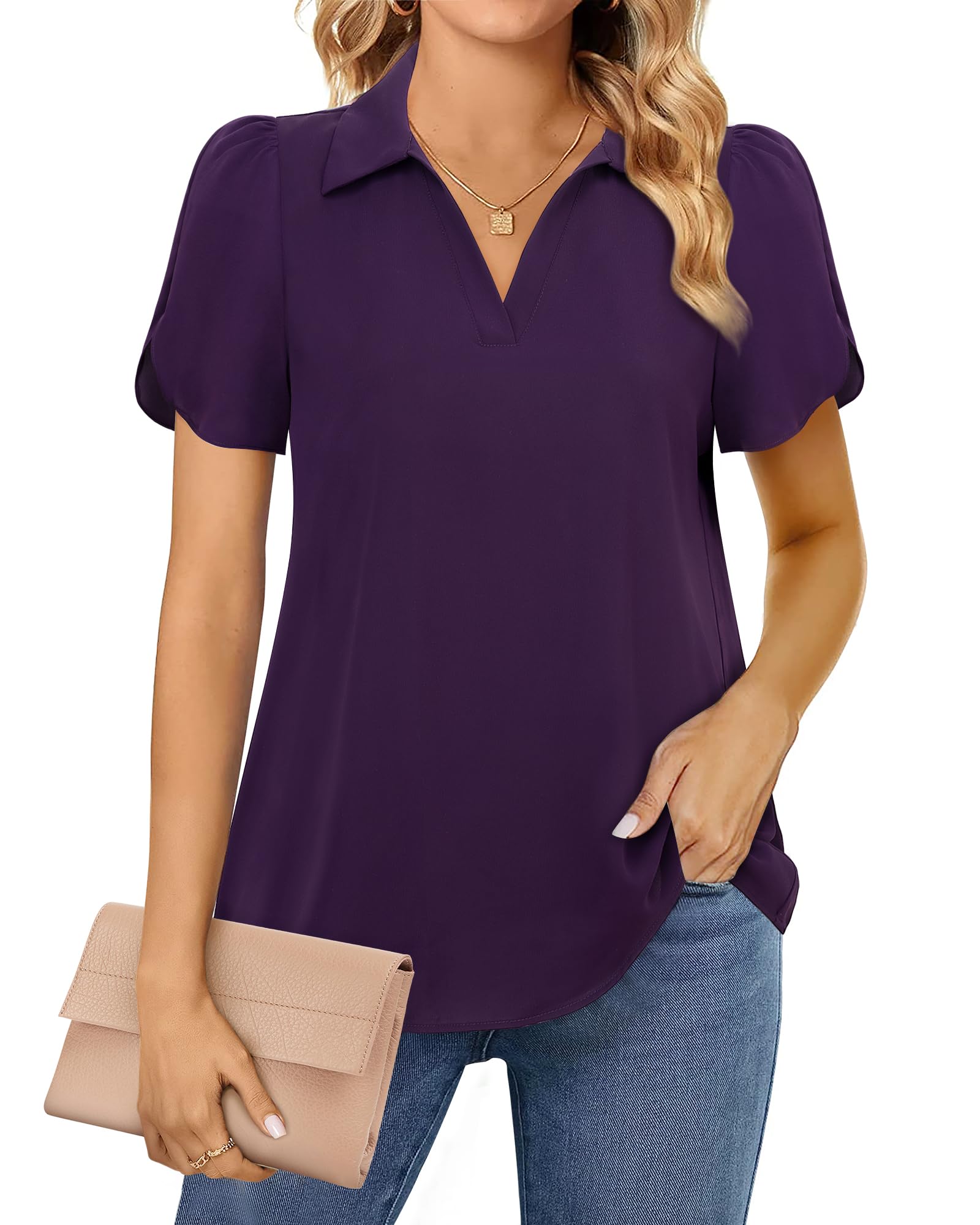 Lotusmile Women's Blouse Dressy Casual Puff Sleeve Top Chiffon Work Shirt with Collar - Perfect for Office, Party & Everyday Wear