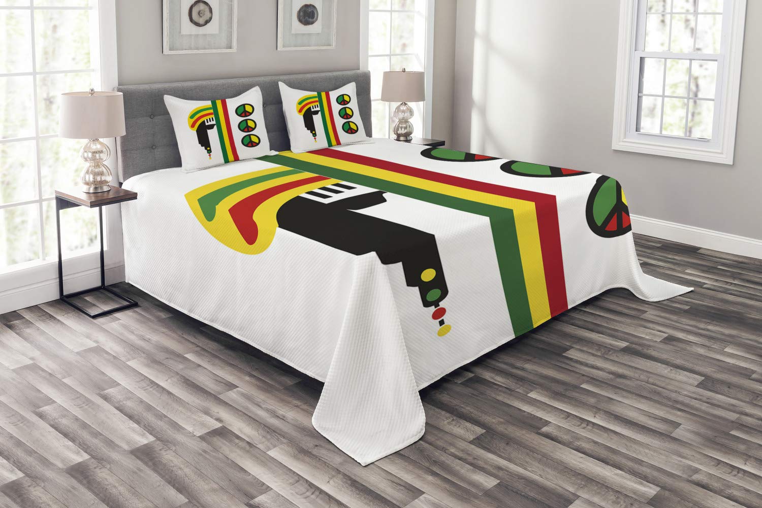 Ambesonne Jamaican Bedspread Set - Abstract Minimalist Rastaman Design with Peace Caribbean Culture Print, 3-Piece Decorative Bedding Coverlet & 2 Pillow Shams, King Size, Multicolor | Perfect for Boho Bedroom, Dorm Decor, and Tropical Themed Rooms
