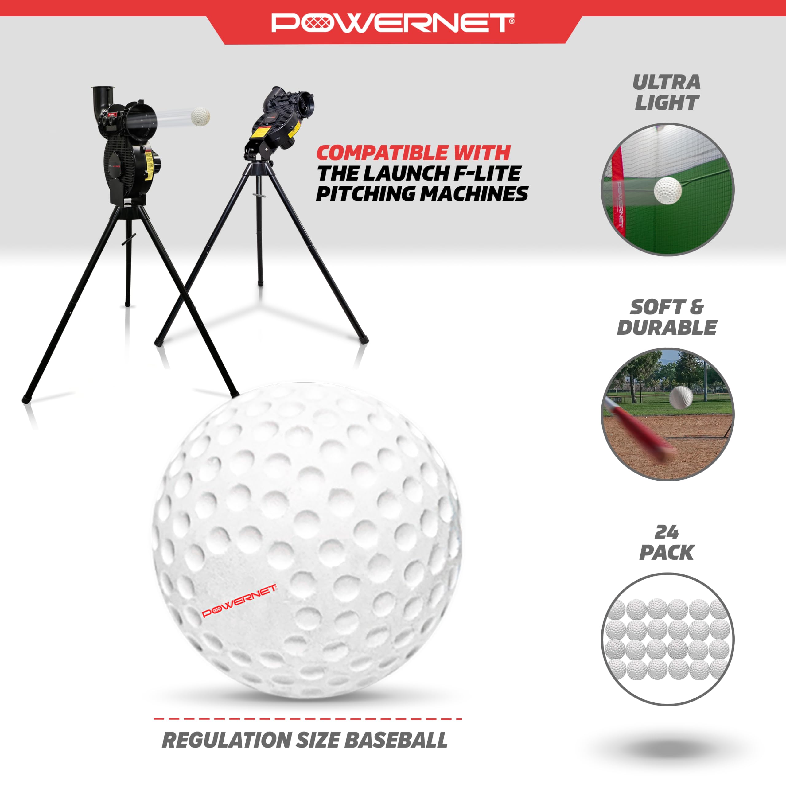 PowerNet Launch F-lite Softball & Baseball Pitching Machine with Dimpled Practice Balls - Complete Baseball Training Equipment Set for Coaches & Players - Perfect for Team Practice, Backyard Training & Batting Cage Sessions