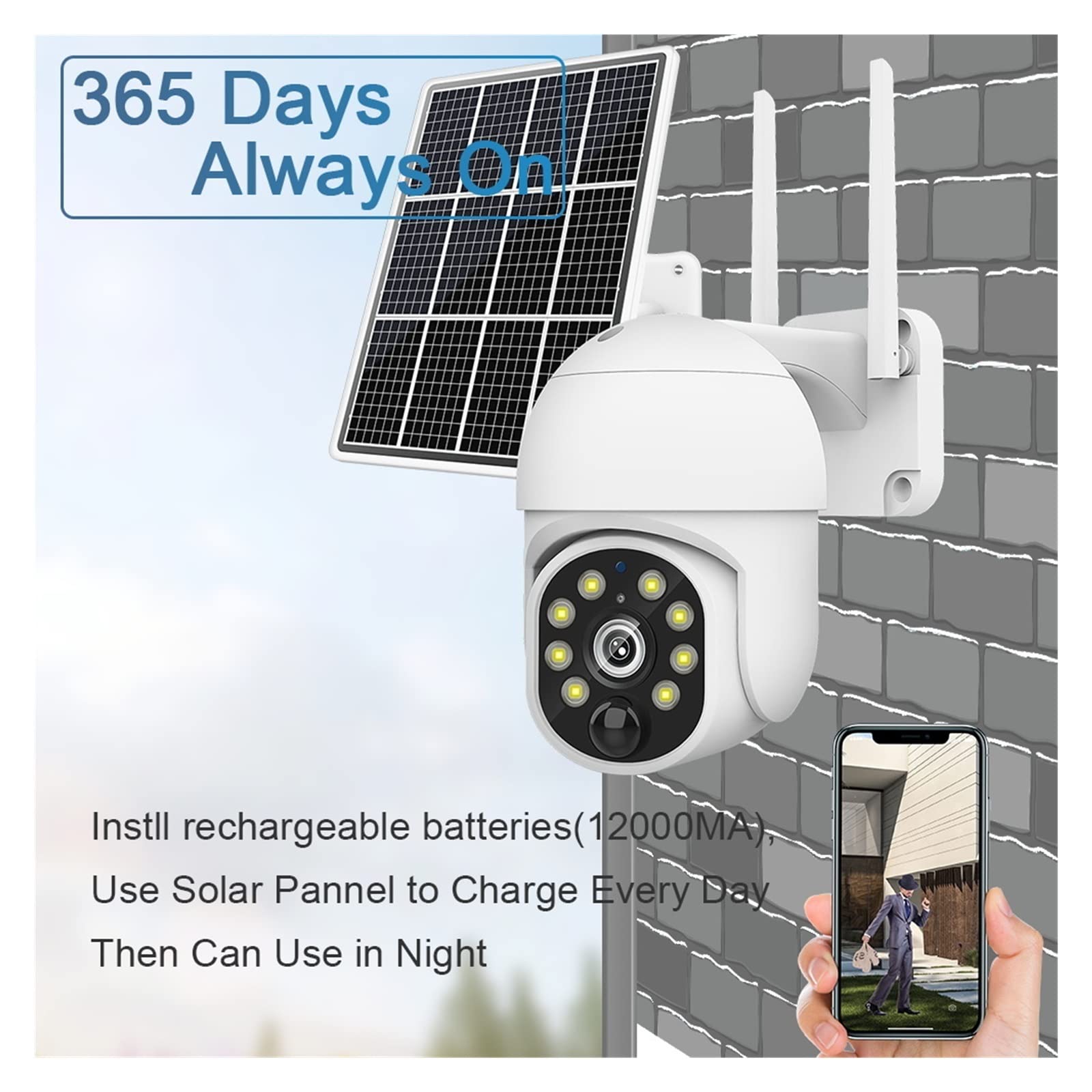 5MP 4G LTE Solar Security Camera Outdoor Wireless - IP65 Waterproof PTZ Surveillance Camera with PIR Motion Detection, Night Vision, Tuya Smart App (WiFi + 64GB Card Included) - Perfect for Home Security, Farm Monitoring, and Business Property Protection