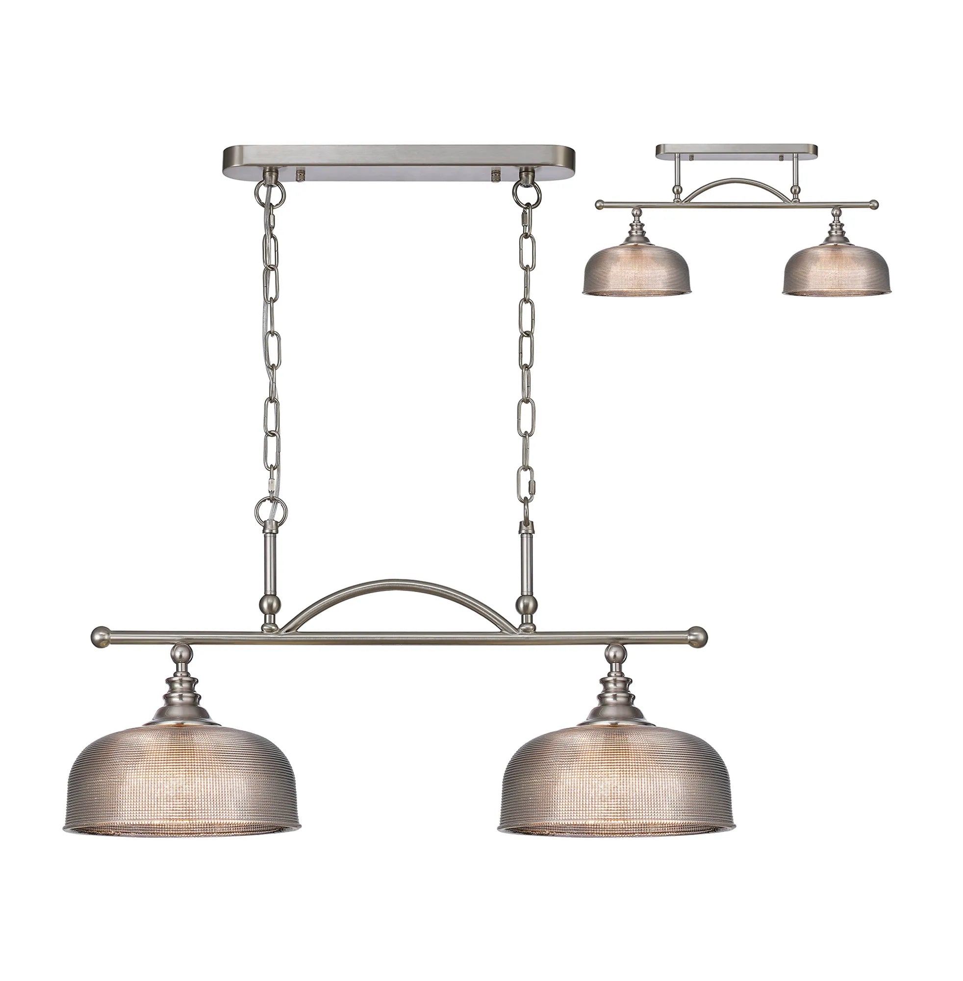 Cleron Semi Flush Mount Ceiling Light - Adjustable 2/3 Light Kitchen Lighting Fixture with E27 Socket in Satin Nickel, Polished Nickel & Antique Brass Finish - Prismatic Glass Shade for Dining Room, Bedroom or Hallway Lighting