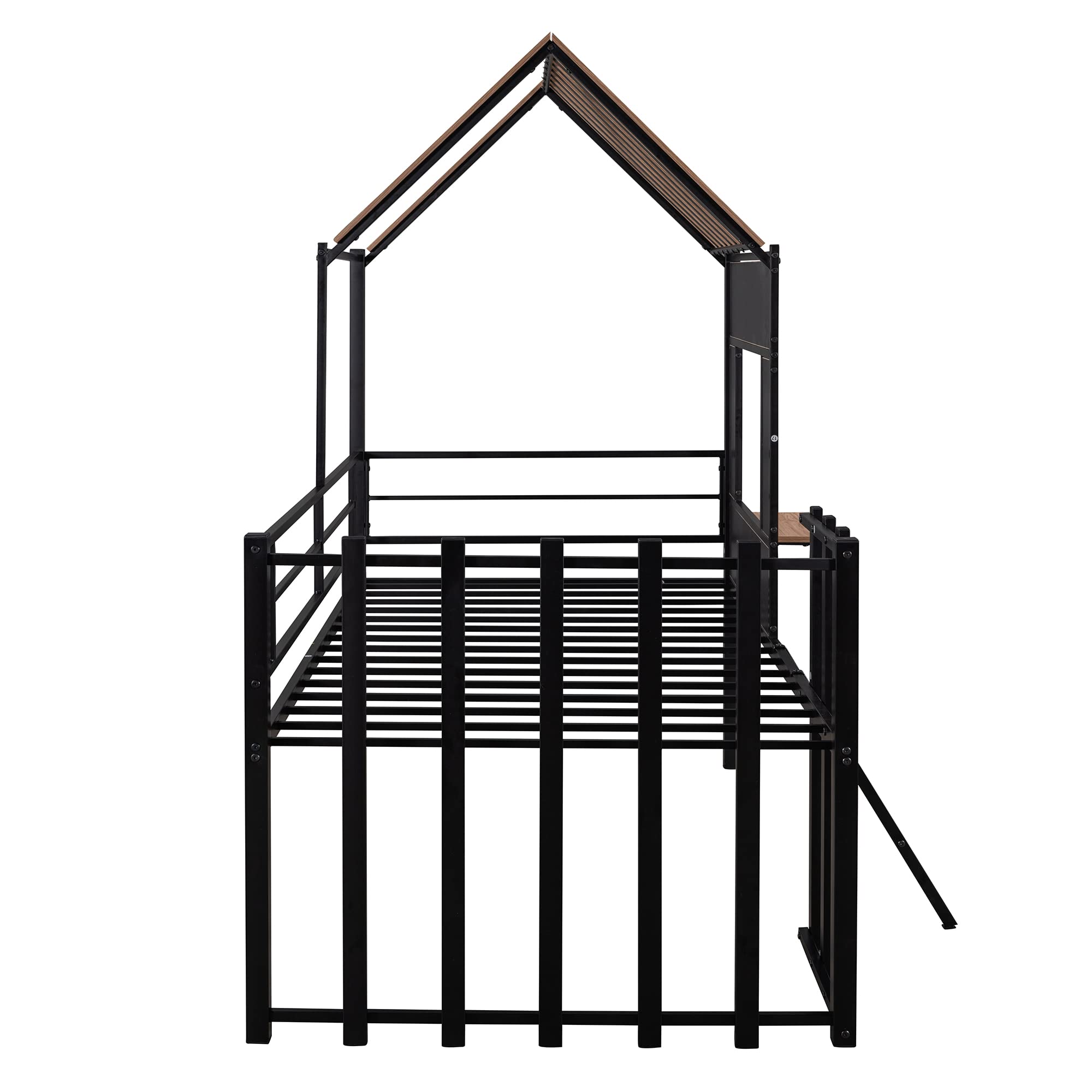 Knocbel Metal Twin Size Low Loft Bed with Roof - Kids House Bed Frame with Window, Guardrail & Ladder - Sturdy 14-Slat Platform Design (300lbs Capacity, Black) - Perfect for Small Bedrooms, Playrooms & Kids' Dream Spaces
