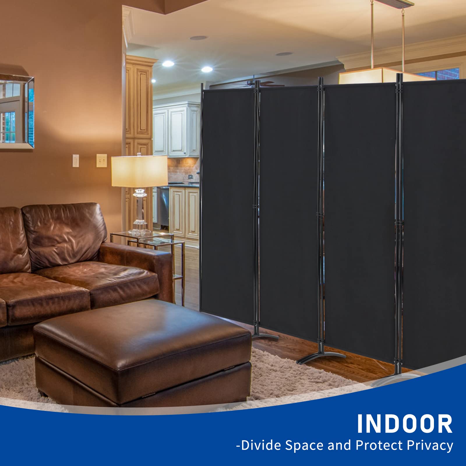 4 Panel Folding Room Divider Privacy Screen - 5.6 FT Freestanding Partition for Office, Bedroom & Study - Portable Space Separator for Home & Office Use - Black