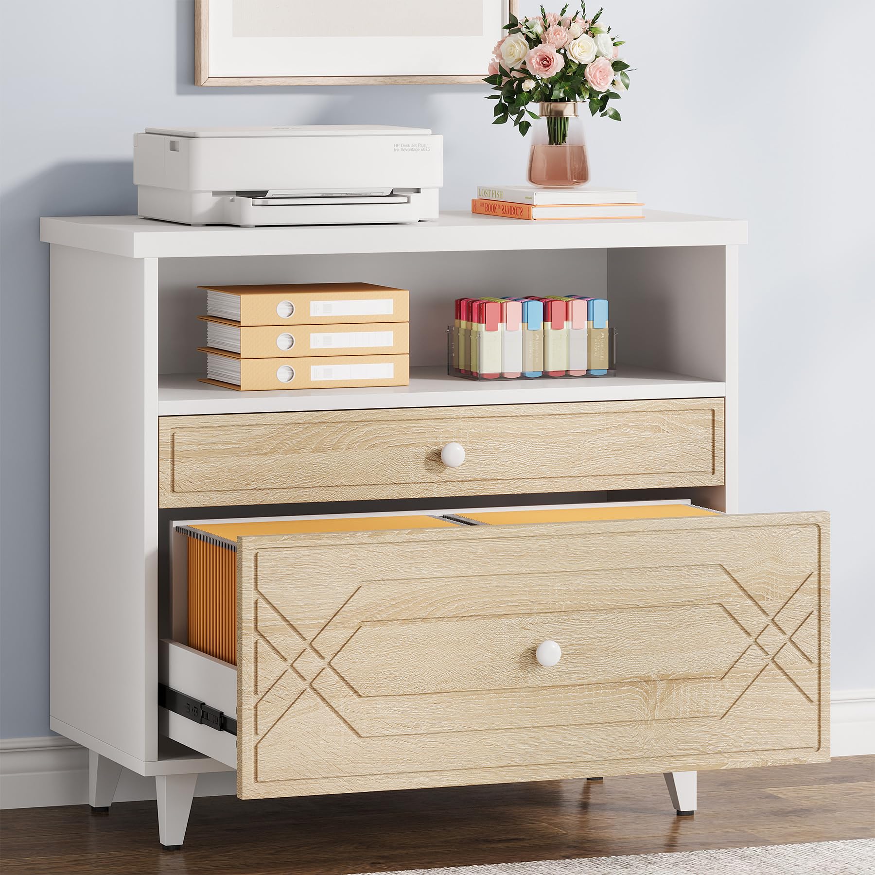 2-Drawer Lateral File Cabinet with Shelf - Modern Industrial Office Storage for A4/Letter/Legal Size Documents - White & Light Brown Home Office Cabinet | Perfect as Printer Stand & Document Organizer for Workspaces