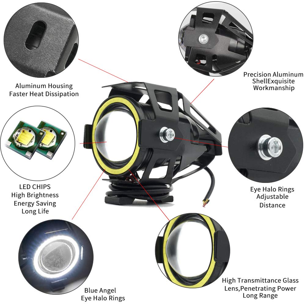 Ourbest U7 LED Motorcycle Fog Lights - White Halo/Strobe Modes for Safe Night Riding