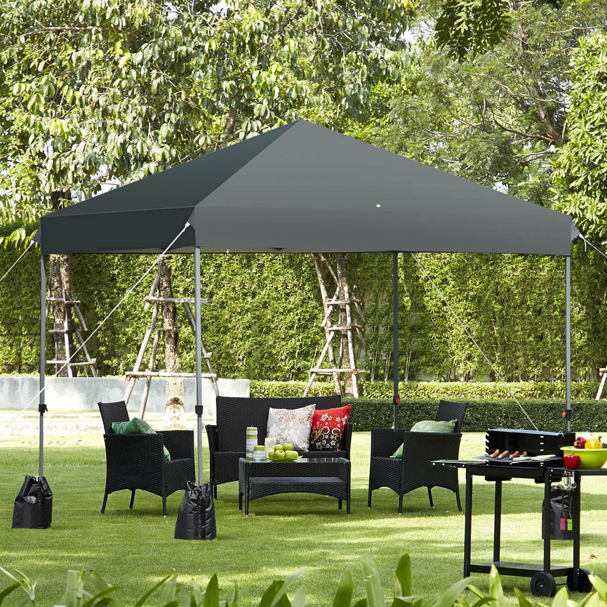 Tangkula 8x8 Ft Pop Up Canopy Tent - Portable Instant Shelter with Wheeled Carry Bag, 4 Sand Bags & 8 Stakes - Waterproof Outdoor Shade for Camping, Beach Parties, Backyard BBQs (Gray)
