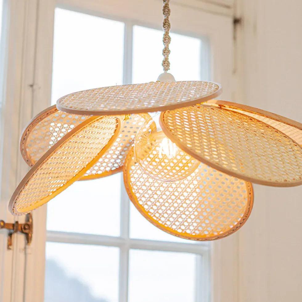 Rattan Disc Petal Pendant Light - Boho Chic Ceiling Fixture for Bedroom, Living Room, Dining Room & Porch Lighting Decor
