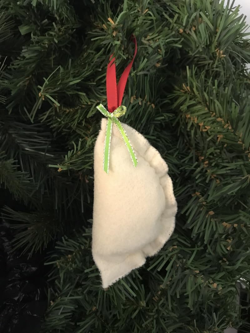 Handmade Pierogi Christmas Ornament with Red Ribbon & Green Bow - Silver Edged Polish Dumpling Decor for Holiday Tree, Gift, and Home Decoration