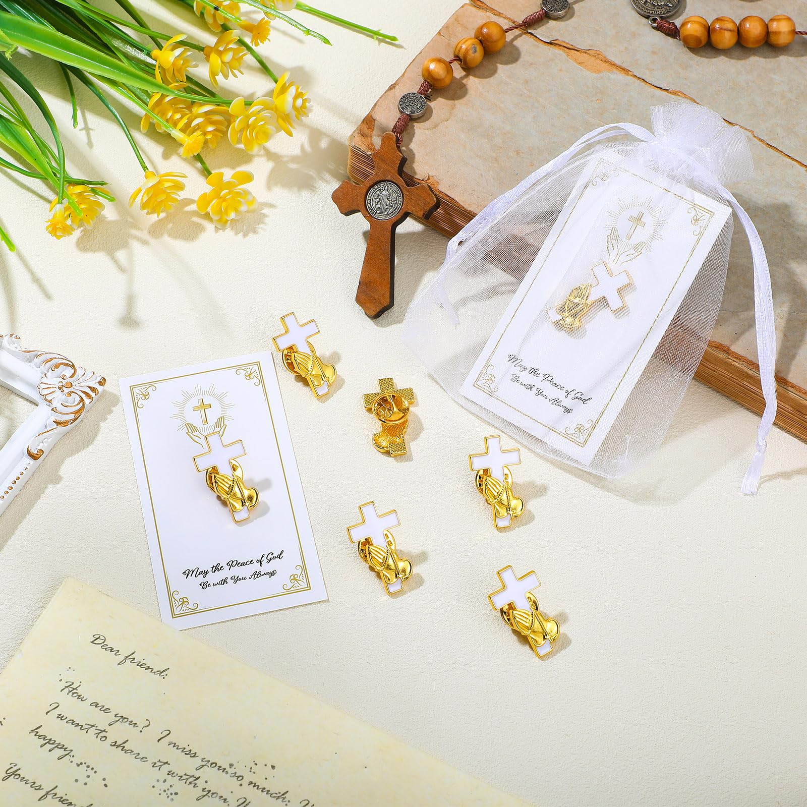 50 Sets Gold Christian Praying Hands Cross Lapel Pins - Bulk Religious Hat Pins for Men & Women - Perfect for Funerals, Baptisms, Chaplain Services & Church Events