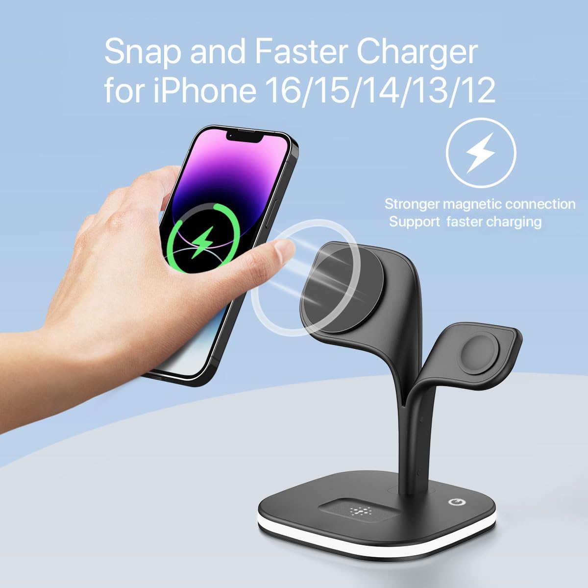 EXW 3-in-1 Wireless Charging Station for iPhone 16/15/14/13/12 Series, Apple Watch Series 1-9 & AirPods | Magsafe Compatible Fast Charger with LED Indicator | Multi-Device Charging Stand for Home, Office & Travel (Black)