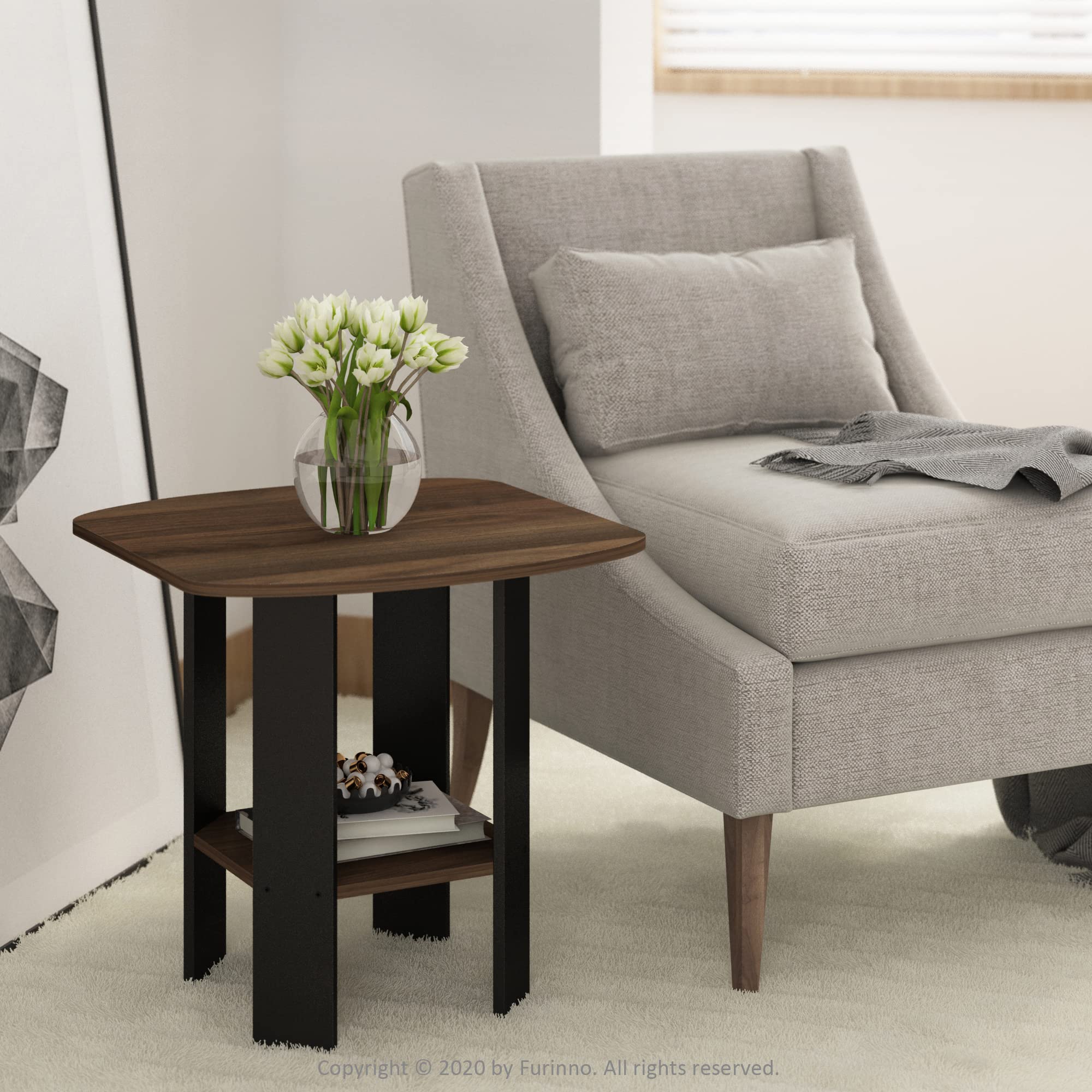 Furinno Simple Design 2-Pack End Side Table, Columbia Walnut/Black Finish - Nightstand, Living Room Accent Table, Bedside Table for Small Spaces