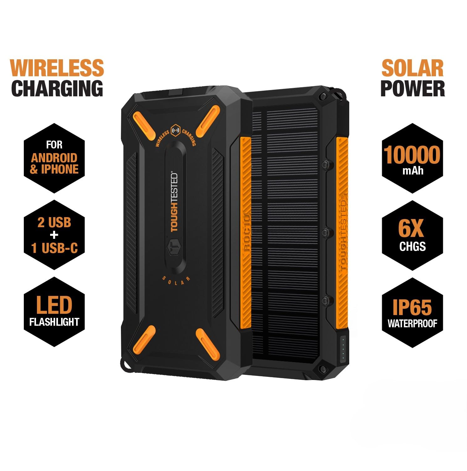ToughTested 10000mAh Solar Charger - Waterproof IP65 Portable Power Bank with Wireless Charging | Perfect for Camping, Hiking & Outdoor Adventures