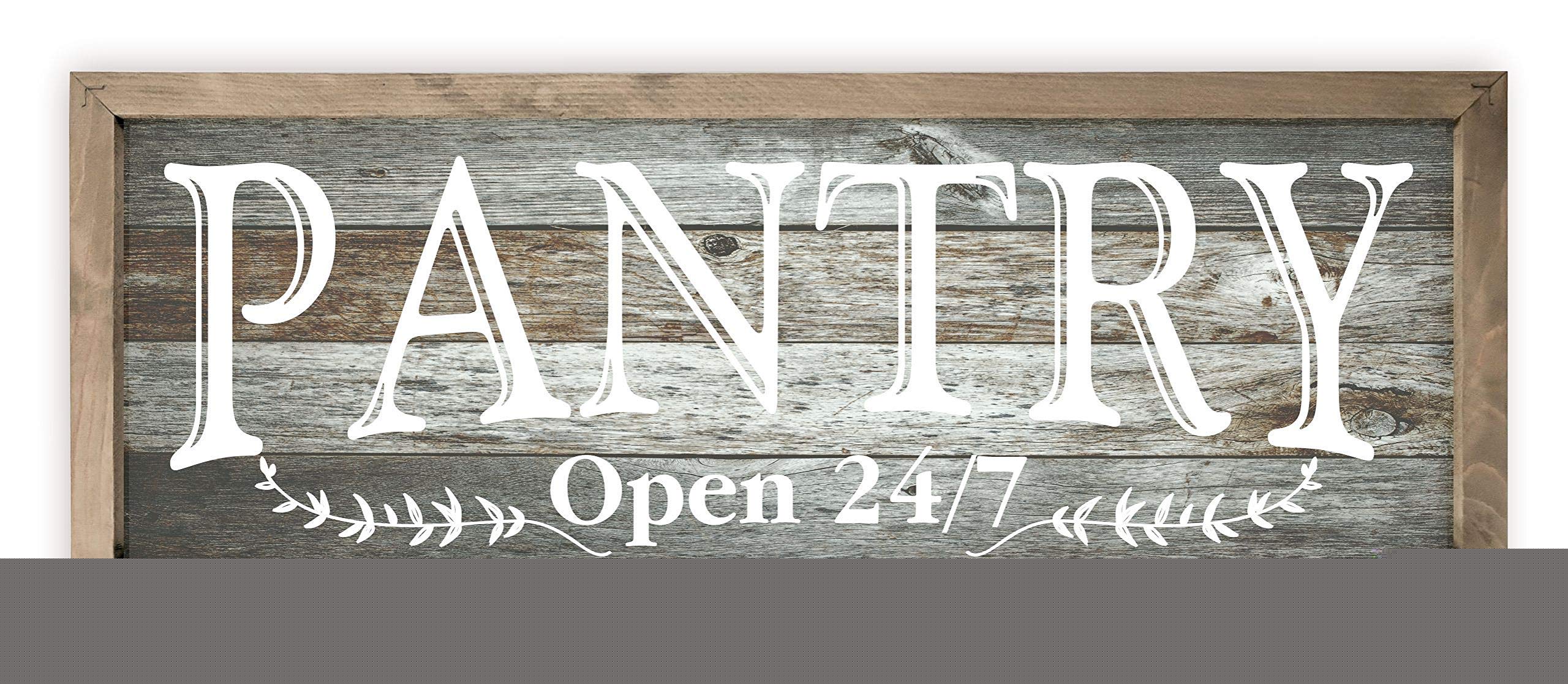 Rustic Gray Wood Pantry Open 24/7 Wall Decor Sign - 12x36 Inches Farmhouse Style Home Decor for Kitchen, Dining Room & Country House